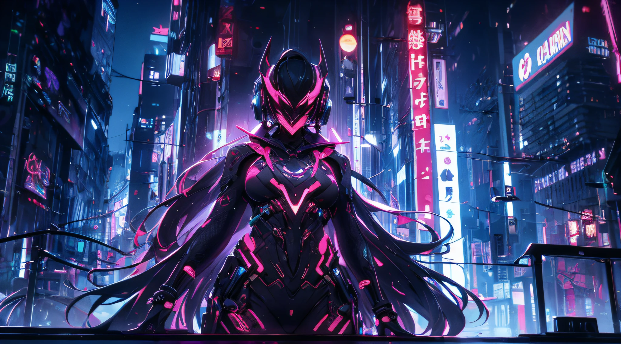 Design a striking cyberpunk-inspired image of a mysterious character, wearing an intricate Oni mask, immersed in the world of music through headphones. The dark background should be illuminated by vibrant cyberpunk neon lights, casting an otherworldly glow on the character's attire, mask, and the surrounding elements. Capture the fusion of futuristic technology and traditional mysticism as this enigmatic figure finds solace and connection through the music amidst the chaotic cyberpunk cityscape. Let the interplay of darkness and neon light create an atmosphere that's both alluring and enigmatic.