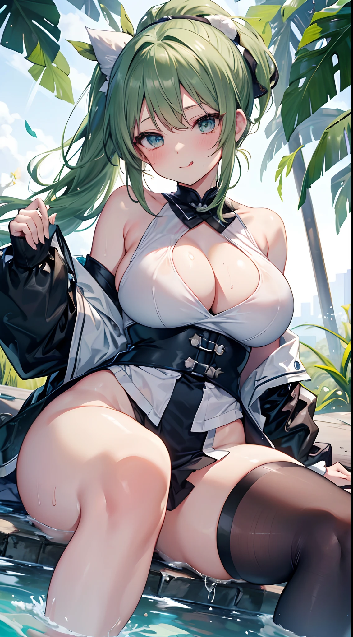 (Best Quality, High resolution:1.37), Older sister with dark green hair like matcha in a short ponytail, Yellow Ribbon, Blue eyes, 18year old、barechested、AHE Face、Velo out、Turn your eyes up、beautiful dark green hair、Make the velo bigger、large rounded chest, Bust: 94 cm、slovenly、Completely naked, shoulder-length ponytail, Ahegao、Spread your legs apart, Stick out the tongue、White liquid、お漏らし、Ahegao、shiny breasts and thighs, Wet chest, Wet thighs, Wet , Beautiful breasts, Beautiful chubby thighs, thick thighs, slightly blushing cheeks, Breast milk, Sexy, Cute figure, Senran Kagura、Day of the week and
