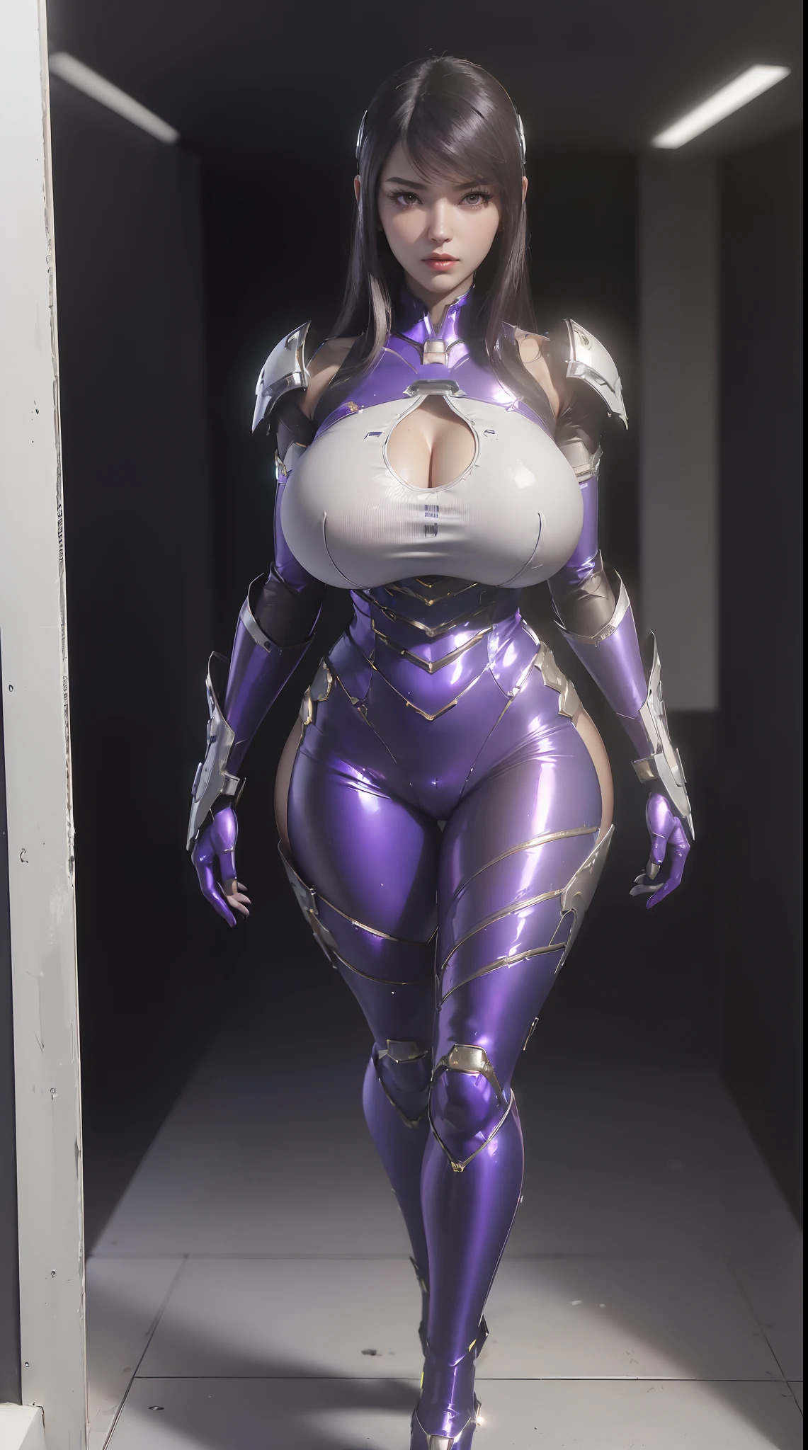 (1GIRL,SOLO:2), (super detailed face), ((BIG BUTTOCKS, HUGE FAKE BREASTS:1.5)), (CLEAVAGE TOP:1.5), (11 LINE ABS FEMALE:1.4), (MECHA GUARD ARM:1.4), ((WEAR PURPLE SHINY MECHA OVERWATCH ARMOR SUIT CROP TOP, BLACK MECHA SKINTIGHT SUIT PANTS, MECHA GUARD ARMOR LEGS, HIGH HEELS:1.5)), (LEWD VOLUPTUOUS BODY:1.3), (GLOWING SKIN:0.8), (LONG LEGS, FULL BODY:1.1), (PORTRAIT,LOOKING AT VIEWER:1.3), (female focus:0.886), (WALKING DOWN HALLWAY OF FUTURISTIC SPACE STATION:1), (BRIGHT LIGHT WHITEROOM:1.3), SUPER TEXTURE, UNREAL ENGINE RENDER, PHYSICALLY-BASED RENDERING, ULTRA HIGHT DEFINITION, 16K, 1080P.