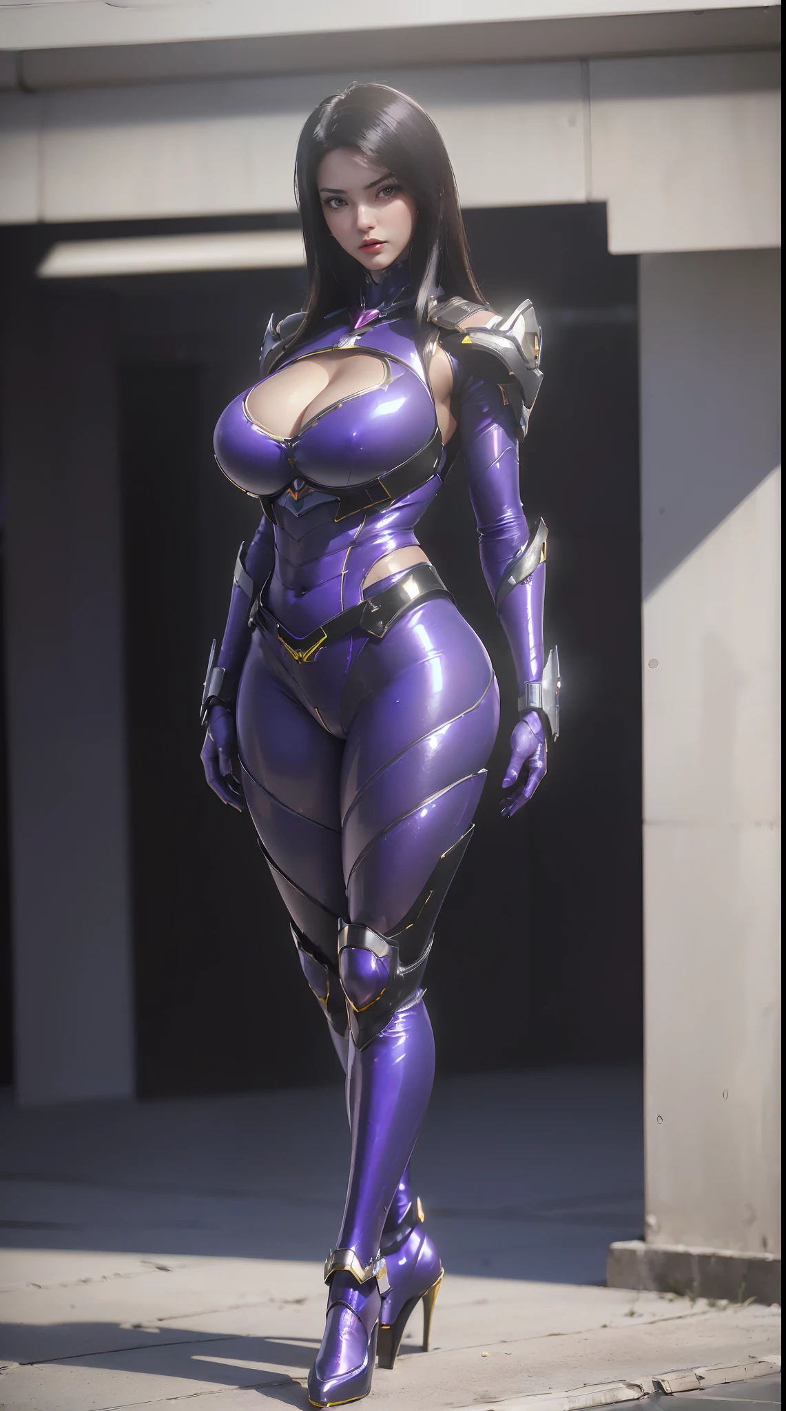 (1GIRL,SOLO:2), (super detailed face), ((BIG BUTTOCKS, HUGE FAKE BREASTS:1.5)), (CLEAVAGE TOP:1.5), (11 LINE ABS FEMALE:1.4), (MECHA GUARD ARM:1.4), ((WEAR PURPLE SHINY MECHA OVERWATCH ARMOR SUIT CROP TOP, BLACK MECHA SKINTIGHT SUIT PANTS, MECHA GUARD ARMOR LEGS, HIGH HEELS:1.5)), (LEWD VOLUPTUOUS BODY:1.3), (GLOWING SKIN:0.8), (LONG LEGS, FULL BODY:1.1), (PORTRAIT,LOOKING AT VIEWER:1.3), (female focus:0.886), (WALKING DOWN HALLWAY OF FUTURISTIC SPACE STATION:1), (BRIGHT LIGHT WHITEROOM:1.3), SUPER TEXTURE, UNREAL ENGINE RENDER, PHYSICALLY-BASED RENDERING, ULTRA HIGHT DEFINITION, 16K, 1080P.