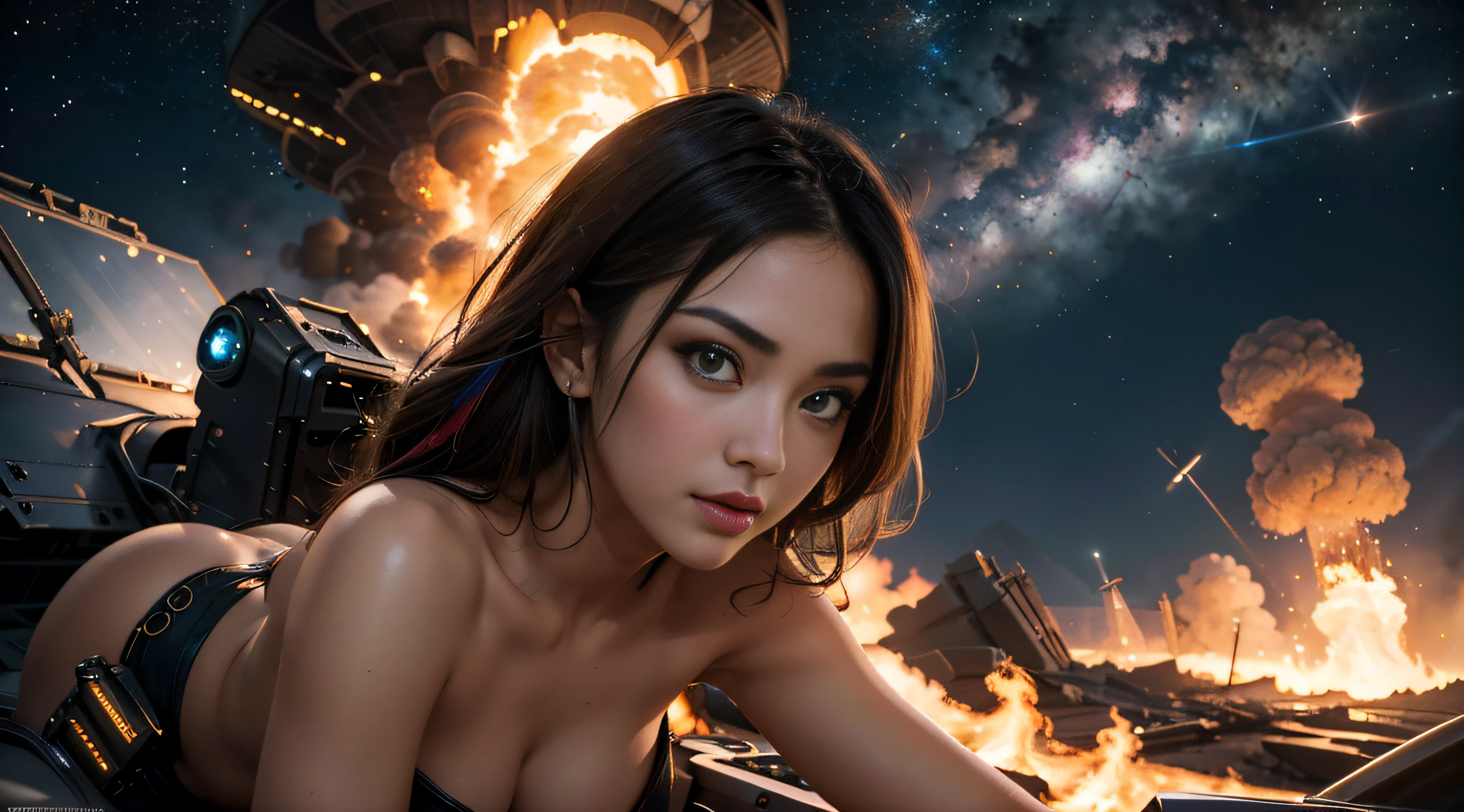 post acalyptic panoramic background of a world destroyed,  cinematic scene,  behind in space spaceships,  far away aircrafts fighting and shooting in lot of fire and smoke extremely detailed, in the scene an asian woman "naked extremely beautiful 1.8,  full body extremely detailed ",  green eyes,  extremely detailed face,  beautiful detailed 4k,  max quality,  max resolution,  cinematic,  8k,  epic , (background extreme detailed 8.5, highest detailed), HDR (best quality, masterpiece, colorful, dynamic angle, highest detailed) upper body photo, fashion photography of cute, (ultrahigh resolution textures 9.5 ), (intricate details, hyperdetailed: 9.5), detailed,