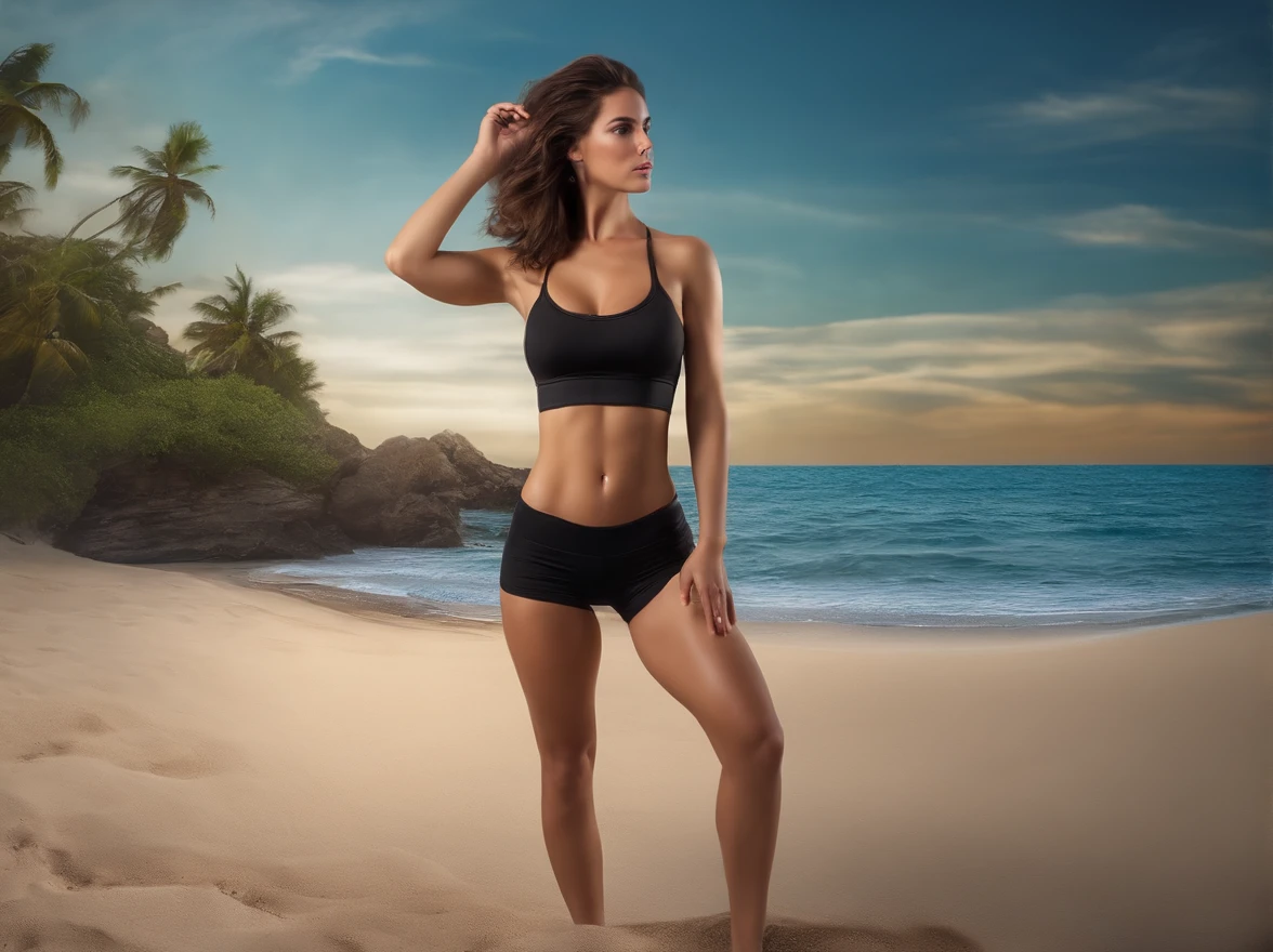 A brunette fitness female around 20 years old with tight black shorts and a small bikini top, small breasts, hazel eyes, photorealistic, beach scene