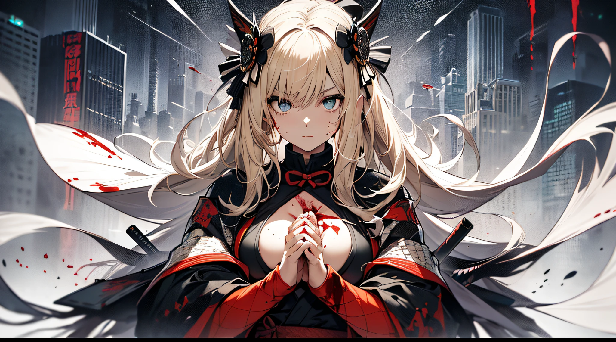 top-quality、Top image quality、masterpiece、girl with((cute little、18year old、Best Bust、Medium bust、Bust 85,Beautiful blue eyes、Breasts wide open,Blonde long hair、A slender、Black Samurai Costume、Murderous face,Holding a Japan sword with both hands、Fluttering hair、black and white color scheme、fighting poses、Blood returned to the sword、systemic return blood、Reflecting the whole body))hiquality、Beautiful Art、Background with((Black and white world、New York City、Blood splatters on the screen、Samurai Corps)),masutepiece、Elaborate design、visualart、depth of fields、The best lighting、highestdetailed、8k,、Art of Kurosawa World