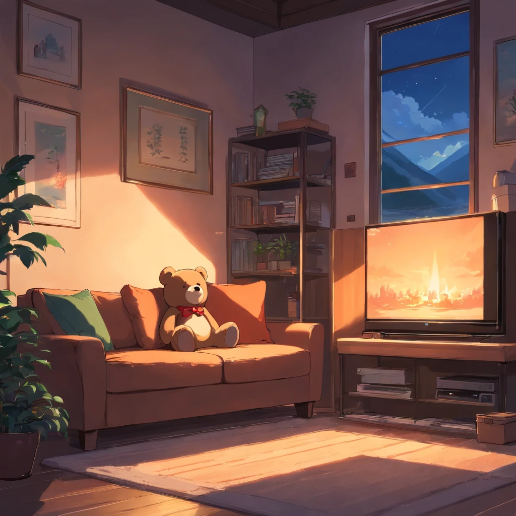 Close-up dark interior night of a living room with a teddy bear listening to headphones,rustique moderne, Salon chaleureux, Integrated into the mountain, Salon confortable, Comfortable living room interior, Salon contemporain confortable, assis dans le salon rural, Warm interiors, Warm interior, Comfortable living room background, Paysage apaisant et confortable, Roaring Chimney, Foyer, Foyer chaleureux,