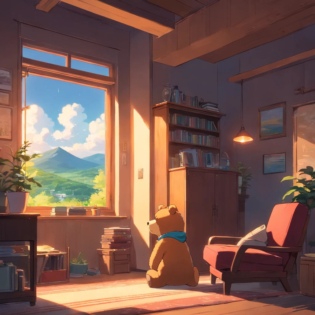 Close-up dark interior night of a living room with a teddy bear listening to headphones,rustique moderne, Salon chaleureux, Integrated into the mountain, Salon confortable, Comfortable living room interior, Salon contemporain confortable, assis dans le salon rural, Warm interiors, Warm interior, Comfortable living room background, Paysage apaisant et confortable, Roaring Chimney, Foyer, Foyer chaleureux,