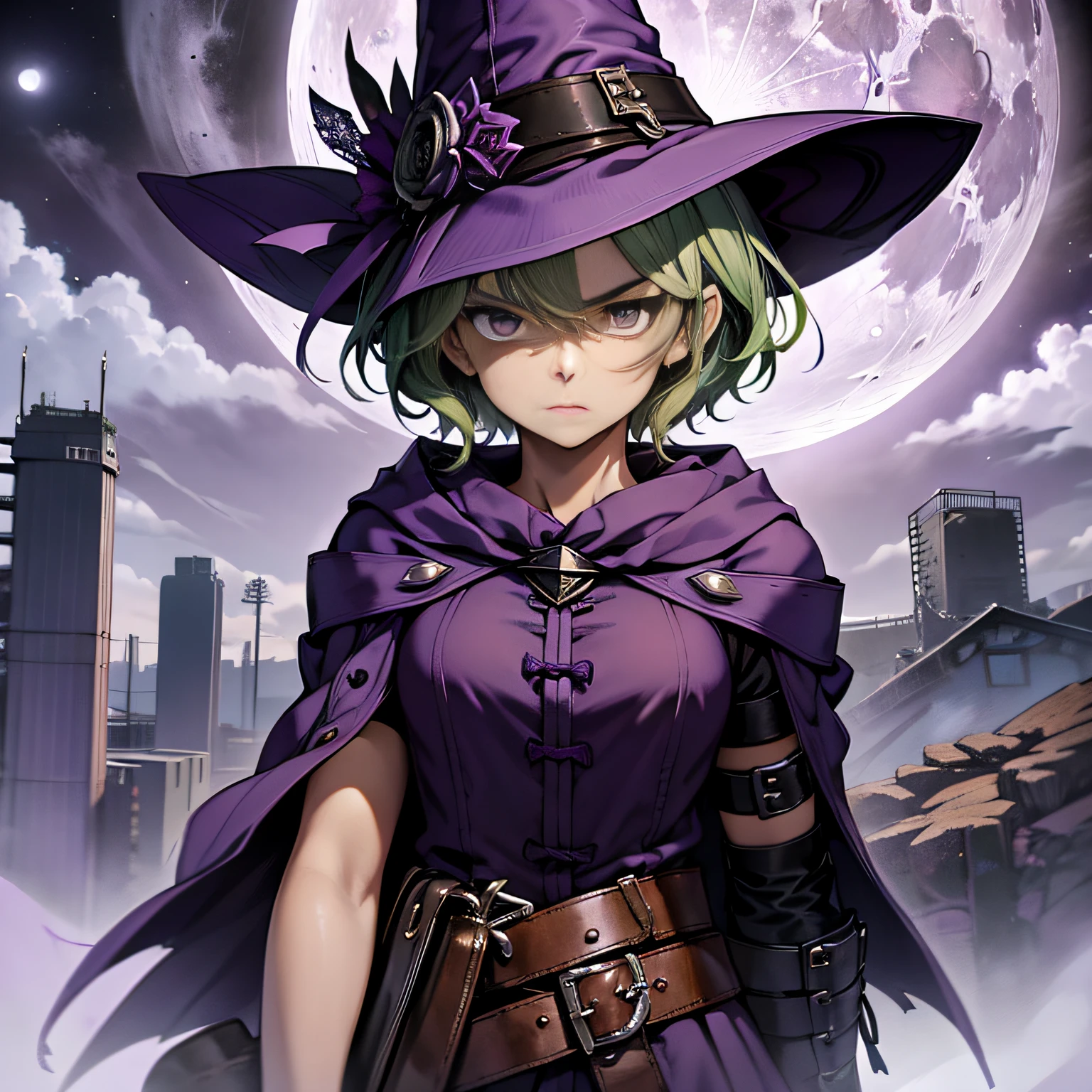 top-quality、extremely delicate and beautiful、(A teenage girl)、Purple Eye、Green hair、short-haired、(purple witch hat)、Purple tie、Soio、shortsleeves、Purple skirt、Purple Wizard Robe、Navel、is standing、Facing the front、Expression of hatred、Full moon night on background、Only eyes