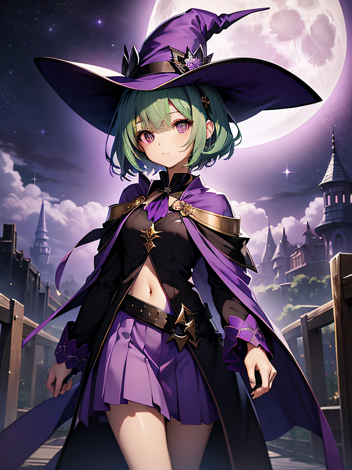top-quality、extremely delicate and beautiful、(A teenage girl)、Purple Eye、Green hair、short-haired、(purple witch hat)、Purple tie、Soio、shortsleeves、Purple skirt、Purple Wizard Robe、Navel、is standing、Full moon night on background
