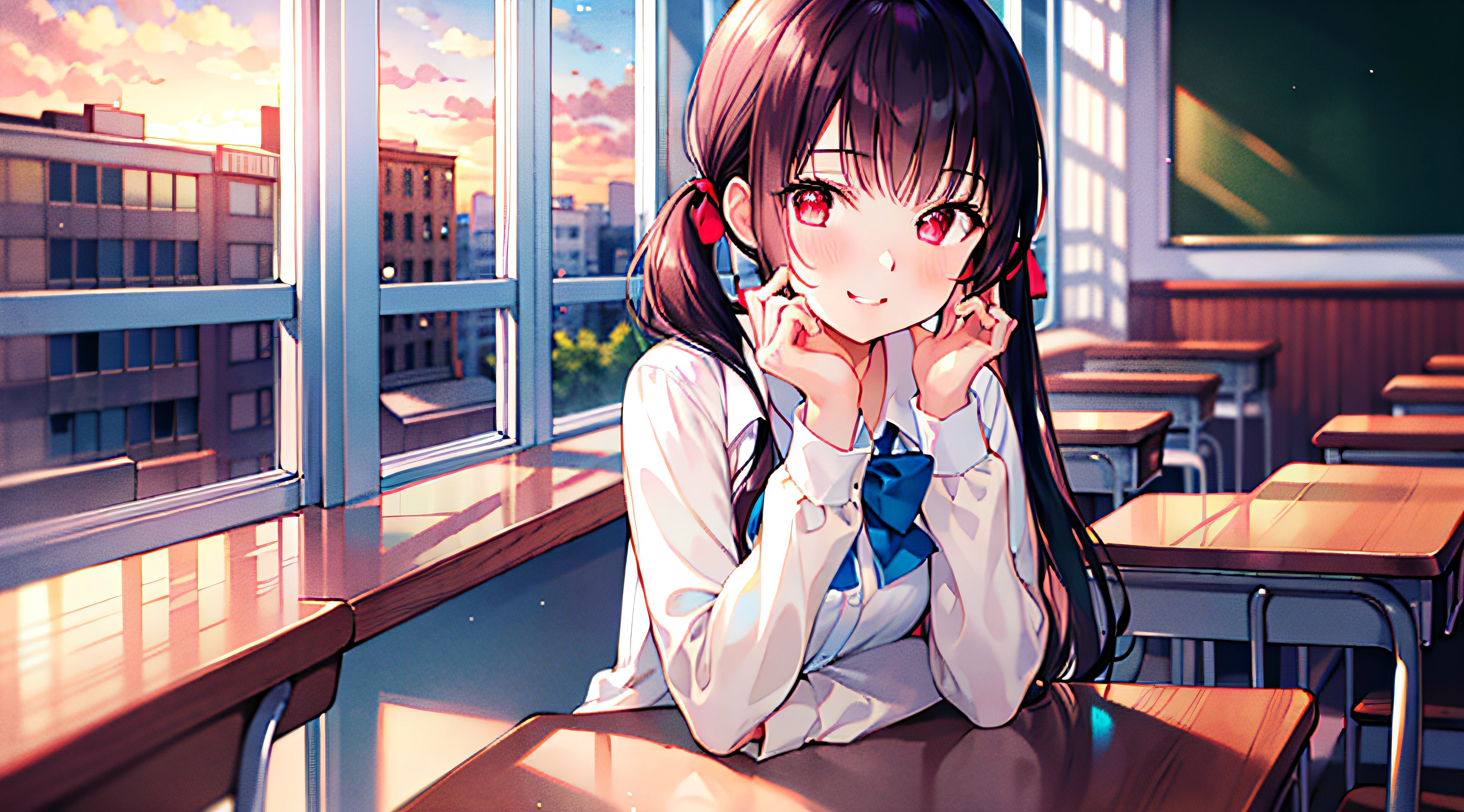 (masterpiece), (best quality), (illustration), (beautiful detailed), (highres), 1girl, solo, looking at viewer,
sitting, 
sunset, (school uniform), 
long hair, red eyes, low twintails,
ribbon, white shirt, (blue) skirt, black thighhighs, 
smile, blush,
indoors, window, [building], classroom, table, chair, (coffee:0.5)