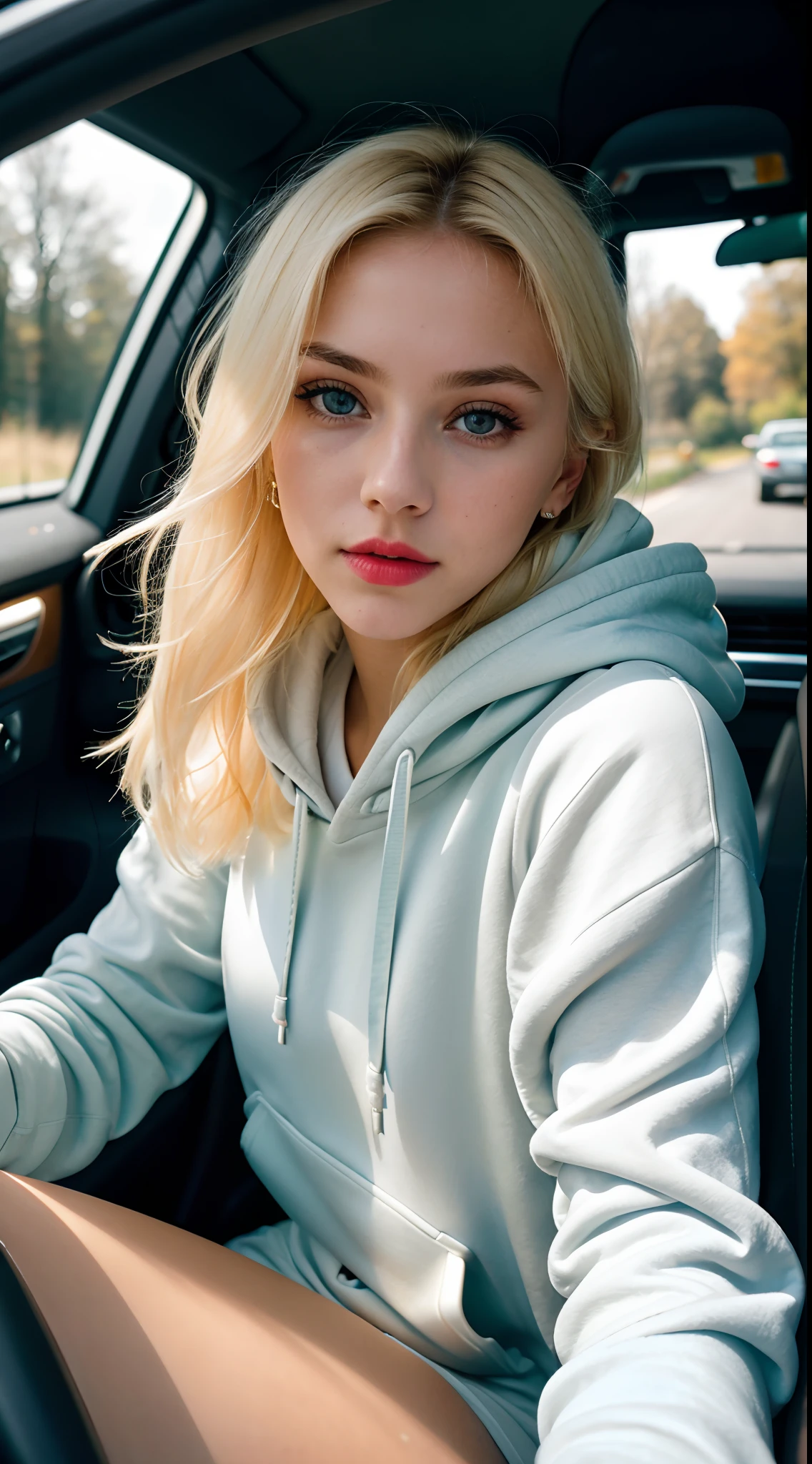 RAW photo, a 22-year-old blonde girl, upper body, selfie in a car, blue hoodie, inside a car, driving, lipstick, soft lighting, high quality, highres, sharp focus, extremely detailed, (sunlight on face), beautiful detailed eyes, masterpiece, cinematic lighting, dslr, Fujifilm XT3, (((film grain)))