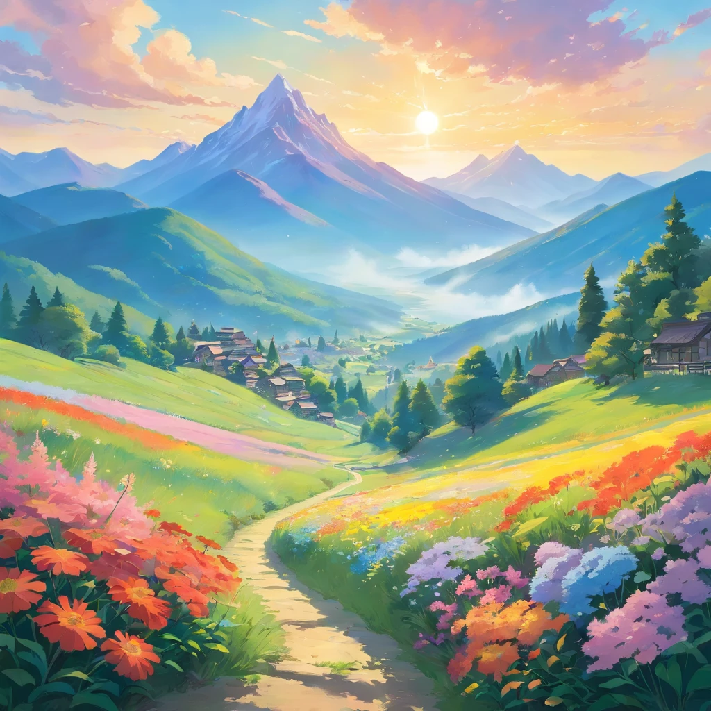 A peaceful landscape with lush green mountains and vibrant fields of flowers. The mountains rise majestically in the background, their peaks covered in a soft mist. The flowers bloom in colorful patches across the fields, creating a festive atmosphere. The petals of the flowers are delicate and intricate, with each flower revealing unique patterns and vibrant colors. The scene is bathed in warm sunlight, casting a soft glow on the mountains and flowers. The air is filled with the scent of blooming flowers and fresh mountain breeze. The painting is created with meticulous attention to detail, capturing the beauty of nature in every stroke. The colors are vivid and vibrant, bringing the scene to life. The lighting is soft and natural, enhancing the overall tranquility of the landscape. The artwork is of the highest quality, ensuring every detail is rendered with clarity and precision.