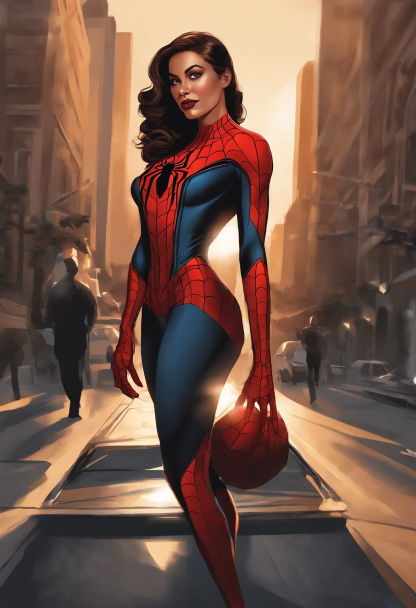 Full body, long shot, wide angle, colored pencil sketch. Humberto Ramos and Ross Tran. Top view. Spider-Woman sitting on a wall. She looks up at the sky. Volume. Perfect dynamic composition. Beautiful. Bodybuilding athlete figure. Beautiful muscles. Sexy. Provocative. Masterpiece. Anatomically correct presentation. Warm colors. Top view. View from above.