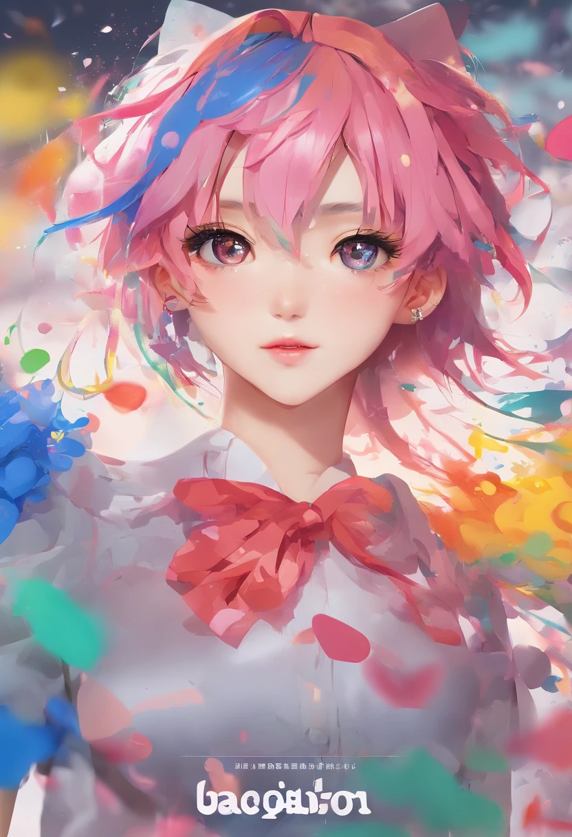 (masterpiece、top-quality、hight resolution)、white backgrounid、((paint splashes、color splashes、Ink splash、color splashes))、Korean boy with clear eyes、He was 18 years old、rainbow-colored hair、Two-block、perm、Thin pink lips、frontage、The upper part of the body