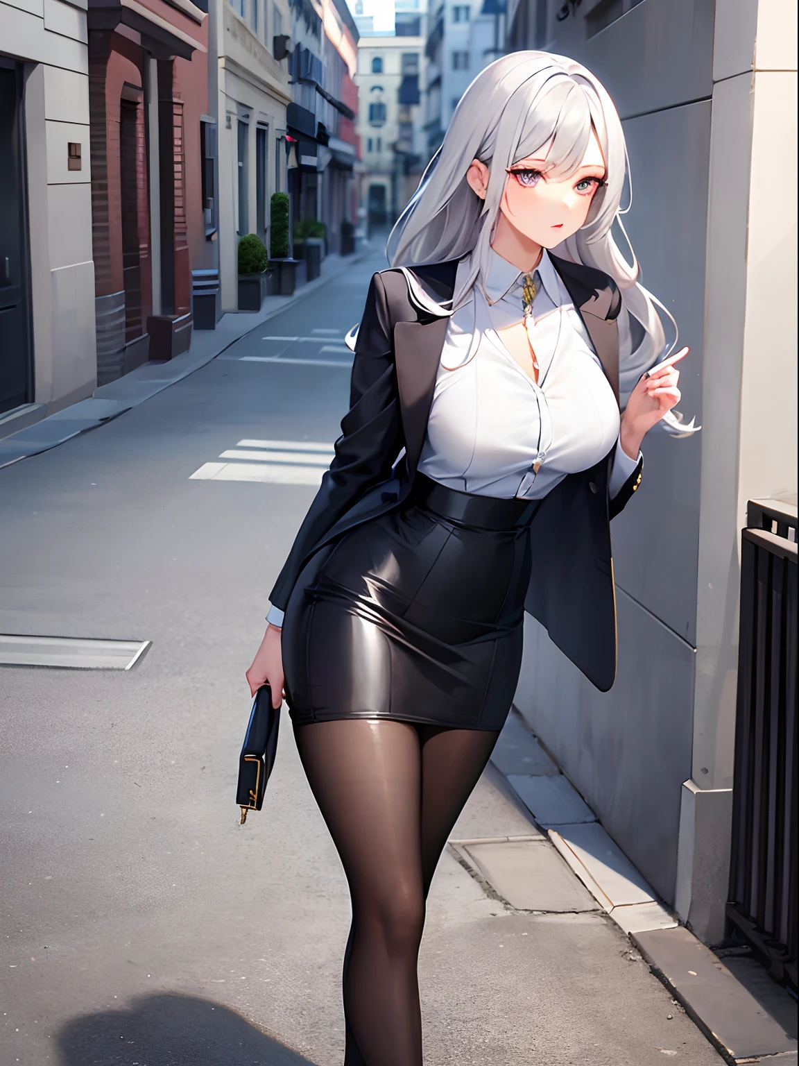 Illustration, beautiful silver hair, adult woman, married woman, lady, beauty, beautiful mature woman, women's suit, collared shirt, white open collar shirt chest, beautiful chest, jacket from the top of the shirt, tight skirt, beautiful legs, pantyhose, street corner, gorgeous office street, lower the back from the shoulder