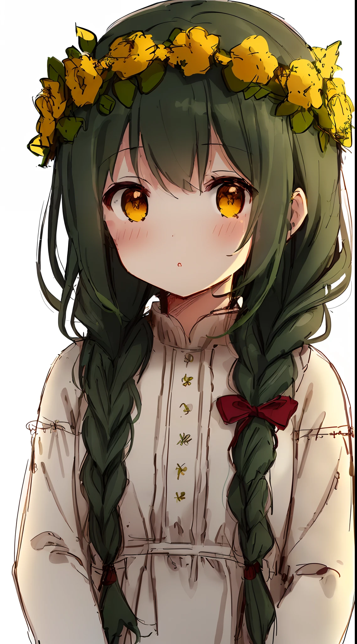 (sketch drawing:1.3), (pencil drawing), close up, 1girl, (cute), rosy cheeks, (yellow eyes), (dark green hair:1.3), (courly hair), (1braid:0.7), (small braid), long bang, (yellow flowers wreath), (white blouse), (red embroidery blouse), (white background)