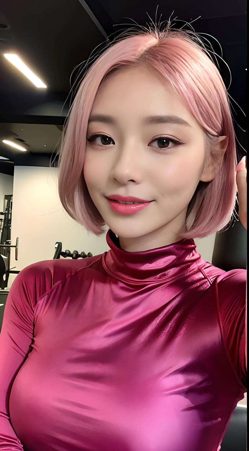 ((top-quality、8K、masterpies:1.3、Being in the gym、Power Rack、Pink bob hair、Long Sleeve High Neck Yoga Wear,))、1girl in、Slim Beauty:1.3、Super Detail Face、Delicat eyes、二重まぶた、facial expression of smile、full body Esbian、Suntan-Skin、20yr old、bobhair、short-cut、erotick、Sensual look、stare