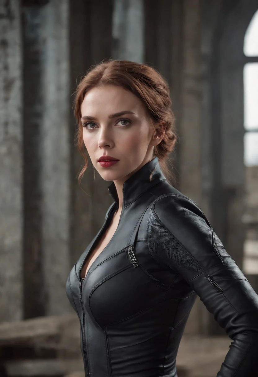 Scarlett Johansson as a 20-year-old woman in detailed black widow costume, super detalhado, Beautiful and Aesthetic, master part, best quality, .RAW, foto super fina, best quality, super high resolution, foto realista, sunlight, retrato de corpo inteiro, amazing beauty, dynamic pose, rosto delicado, olhos vibrantes, (de frente), She's wearing a black widow suit, Very Detailed Abandoned Warehouse Background, Rosto detalhado, fundo ocupado complexo detalhado, Messy, gorgeous, Detalhes realistas da pele, visible pores, foco nítido, Realismo Hoto, Huge metropolis in future dystopia, visto de baixo, translucent, seductively touching between her legs