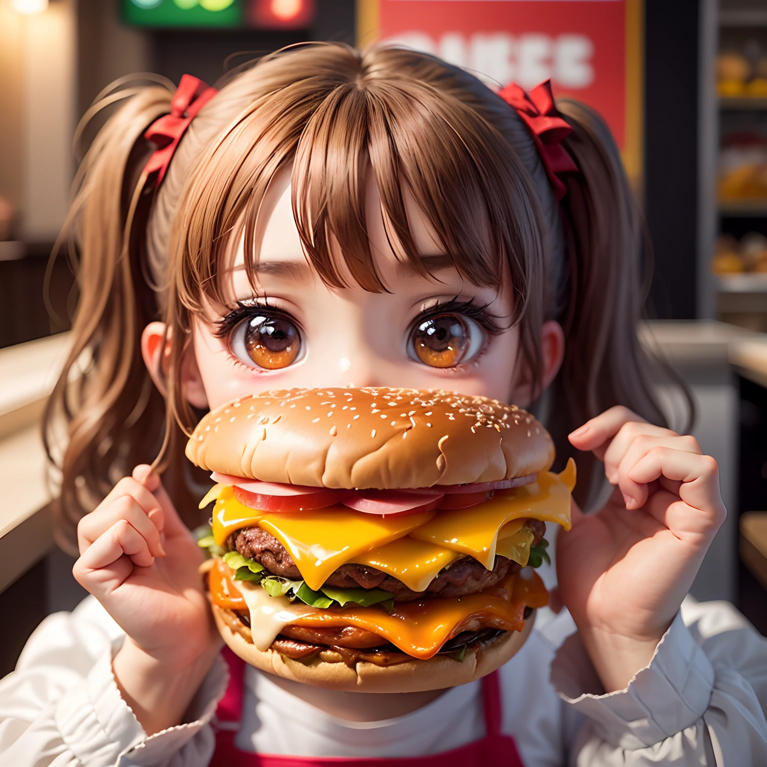 masterpiece、top-quality、ultra-detailliert、(Chibi Chara's Daughter:1.2)、Double Cheese Bacon Big Burger🍔、Set Menu、Inside a fast food restaurant、I want to receive。