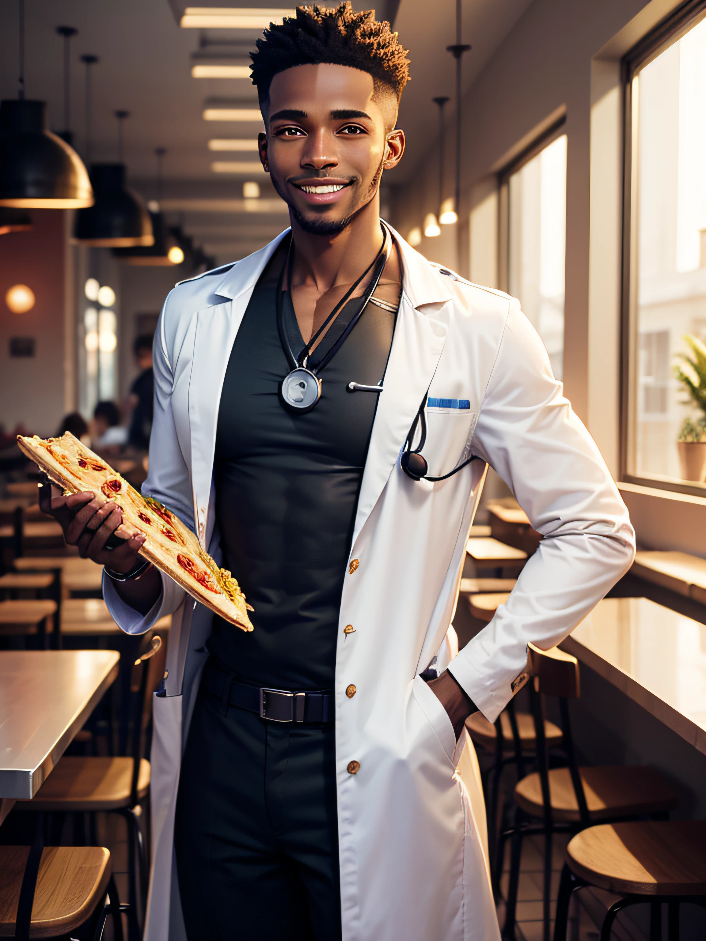 a doctor man, with stethoscope on his shoulders, is standing, happy and smiling, he is in a pizzeria, he is a black African man, handsome and thin.