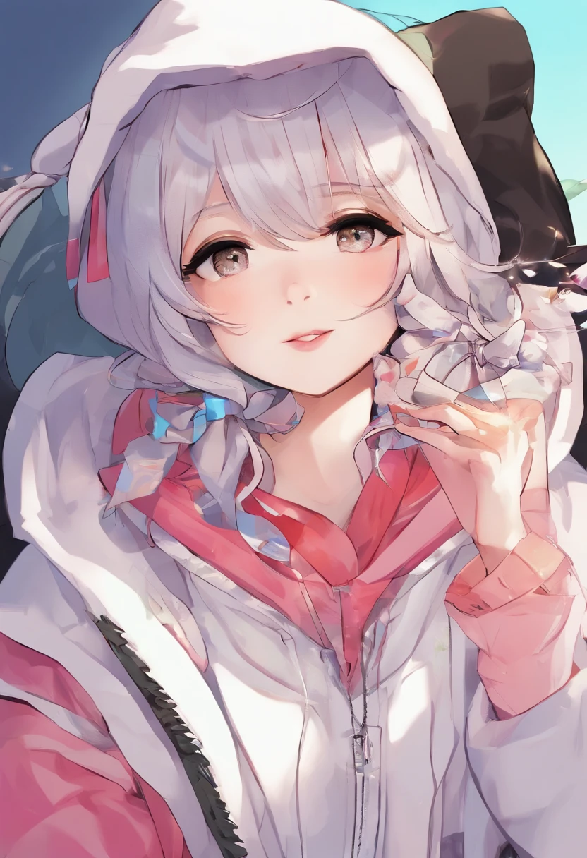 1 female、独奏、short-hair、Opening Mouth、bangss、hair adornments、long-sleeve、bow ribbon、鎖骨、Hair Ribbon、grey  eyes、A dark-haired、multicolored hair、Close one eye、hoods、Two-side-up、Sleeves go up to the wrists、a black ribbon、parka、Hood down、Sleeves go over the fingers、sleepy、White hoodie、yawns、Moe Sleeve、Absolute Area、Black non-sleeve