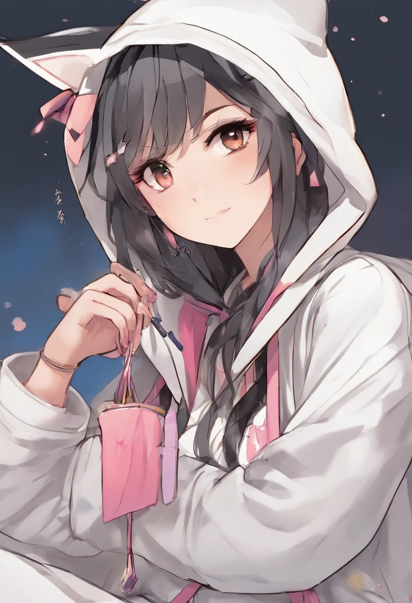 1 female、独奏、short-hair、Opening Mouth、bangss、hair adornments、long-sleeve、bow ribbon、鎖骨、Hair Ribbon、grey eyes、A dark-haired、multicolored hair、Close one eye、hoods、Two-side-up、Sleeves go up to the wrists、a black ribbon、parka、Hood down、Sleeves go over the fingers、sleepy、White hoodie、yawns、Moe Sleeve、Absolute Area、Black non-sleeve