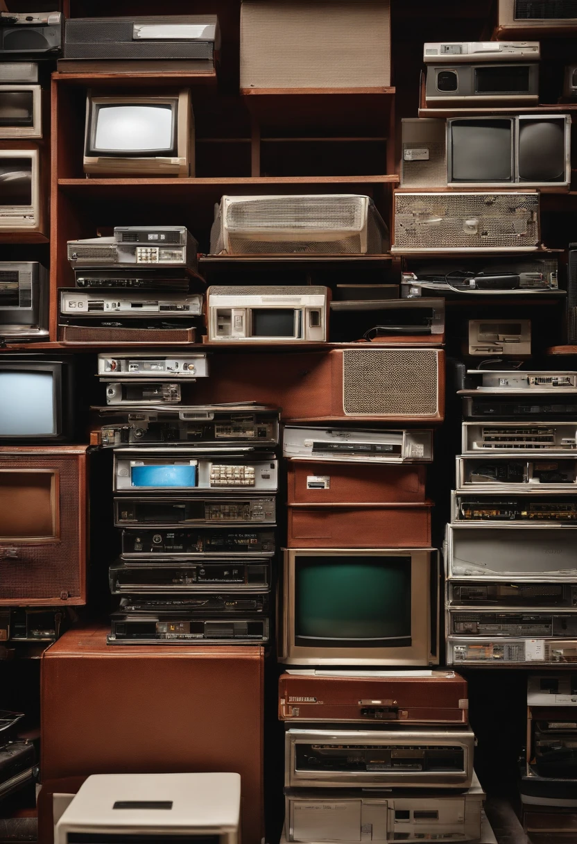 Image of a site with unused electronics being piled up. Pode ter computadores, celulares, televisores, telas de computador, nootbooks, pilhas. Imagem pode conter esses objetos um em cima do outro, Giving a sense of chaos