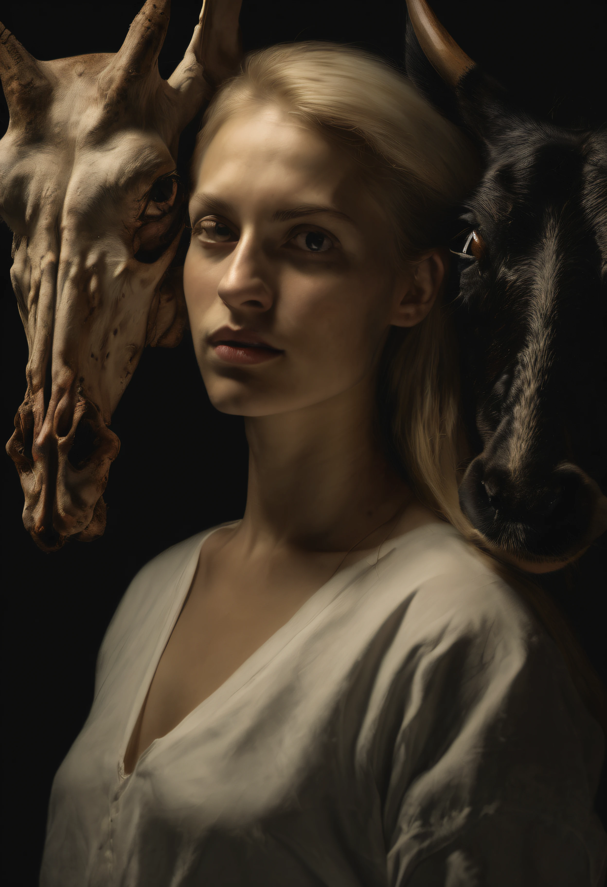"(The best lighting, alto contraste, oscuro, dramatic),(Chica rubia junto a una cabra negra gigante, Open the rib cage, feto, autopsia, huesos humanos, sangre por las paredes). Luz Caravaggio"