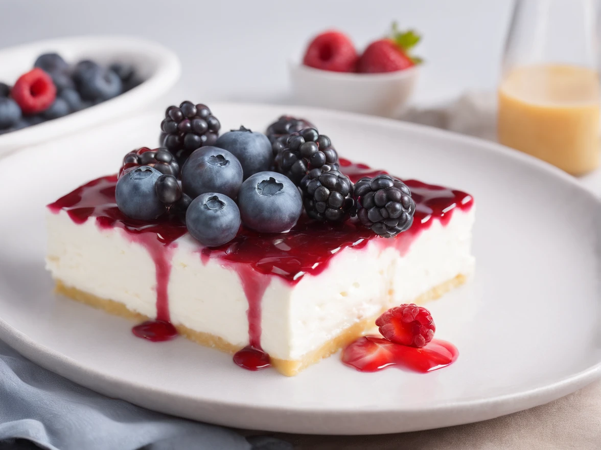 Cottage cheese casserole with condensed milk Casserole,Condensed milk on top,berries on top, hyper realisitc,Professional photo, 4k, hight resolution,Appetizing, hyper-detailing,Focus on the dish,food style, From the restaurant, 24MP, higly detailed