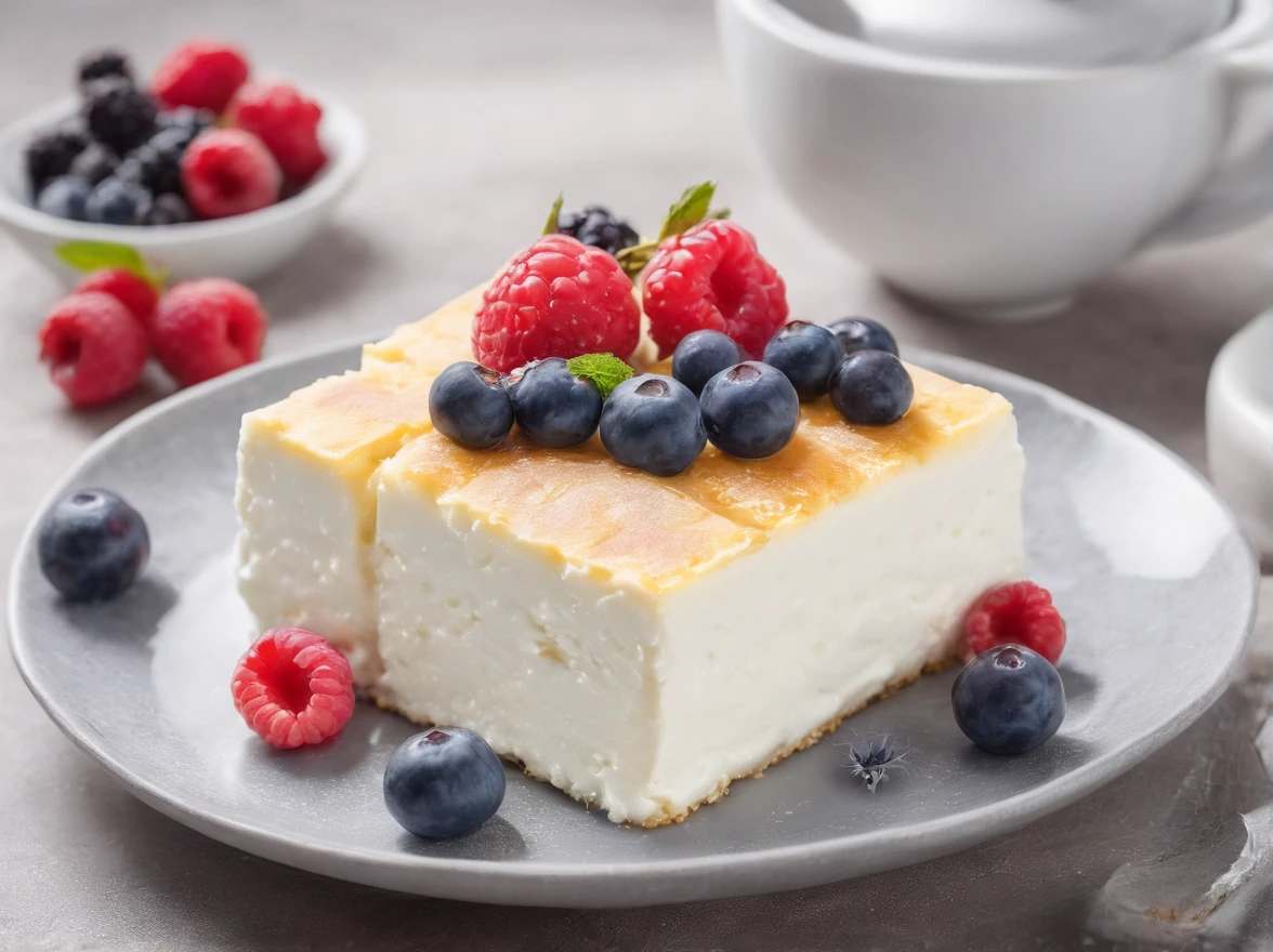 Cottage cheese casserole with condensed milk Casserole,Condensed milk on top,berries on top, hyper realisitc,Professional photo, 4k, hight resolution,Appetizing, hyper-detailing,Focus on the dish,food style, From the restaurant, 24MP, higly detailed