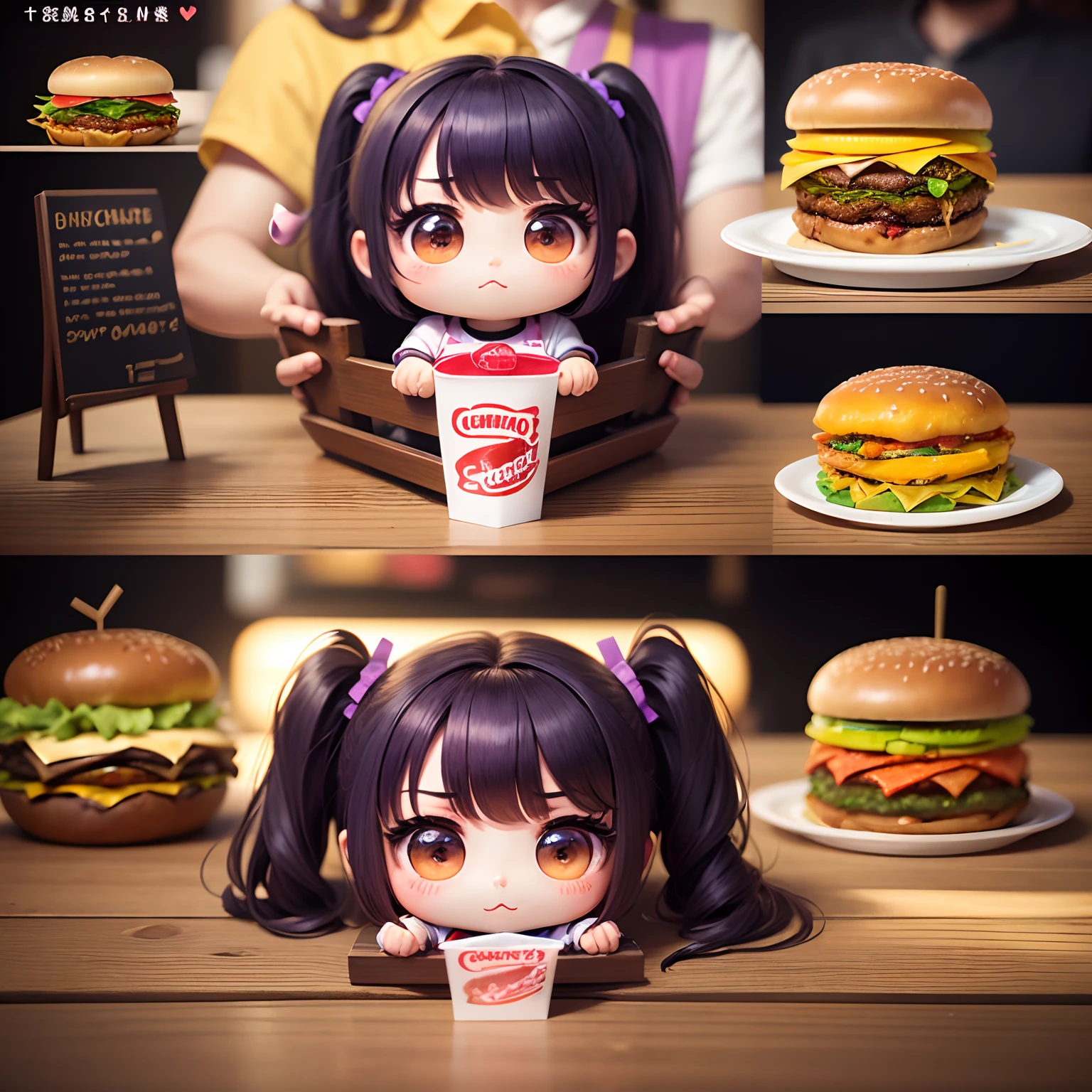 masterpiece、top-quality、ultra-detailliert、(Chibi Chara's Daughter:1.2)、Purple Bob、Double Cheese Bacon Big Burger🍔、Set Menu、Inside a fast food restaurant、eats