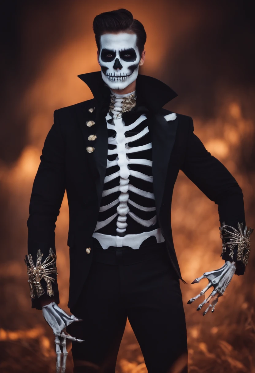Sexy man wearing a skelleton makeup, dark halloween, cartoon style