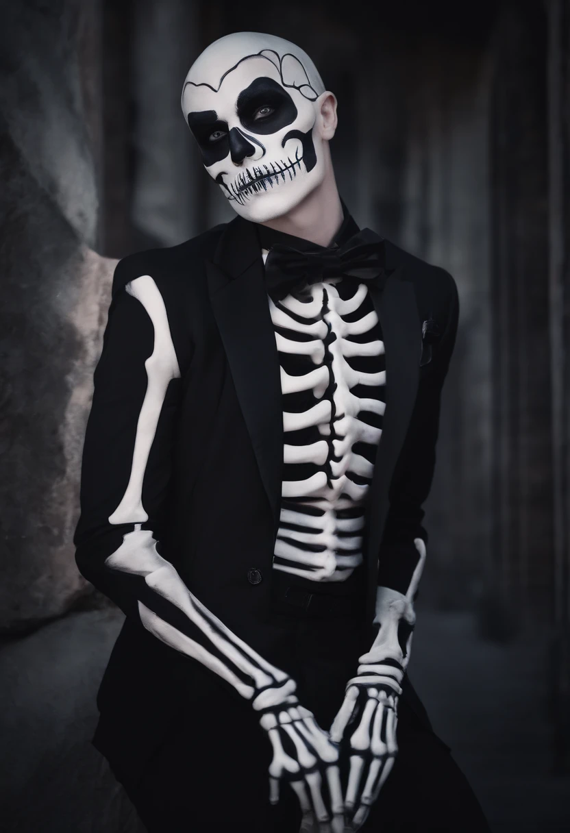Sexy man wearing a skelleton makeup, dark halloween, cartoon style