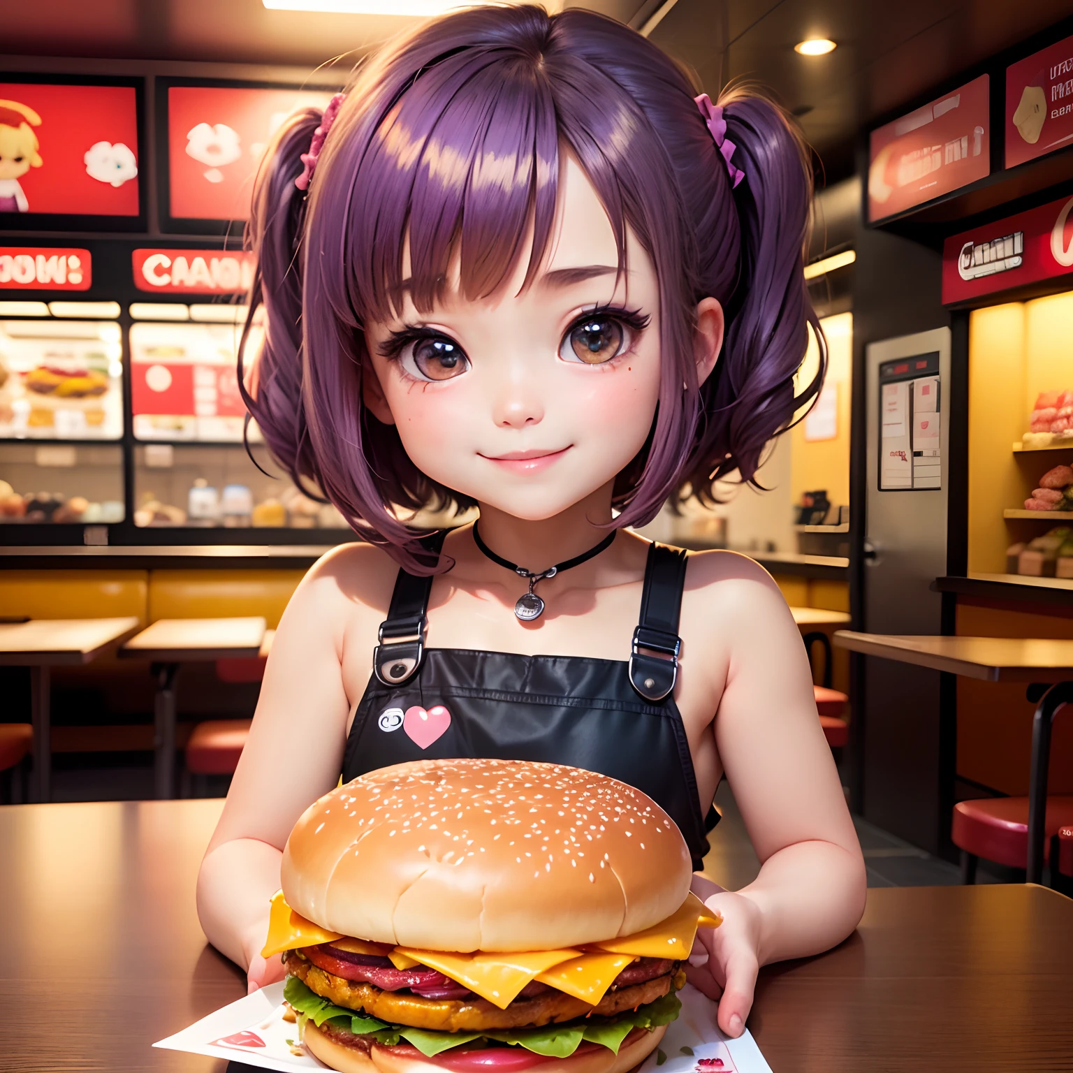 ​masterpiece、top-quality、ultra-detailliert、(Chibi Chara's Daughter:1.2)、Purple Bob、Double Cheese Bacon Big Burger🍔、Set Menu、Inside a fast food restaurant、eats、a smile