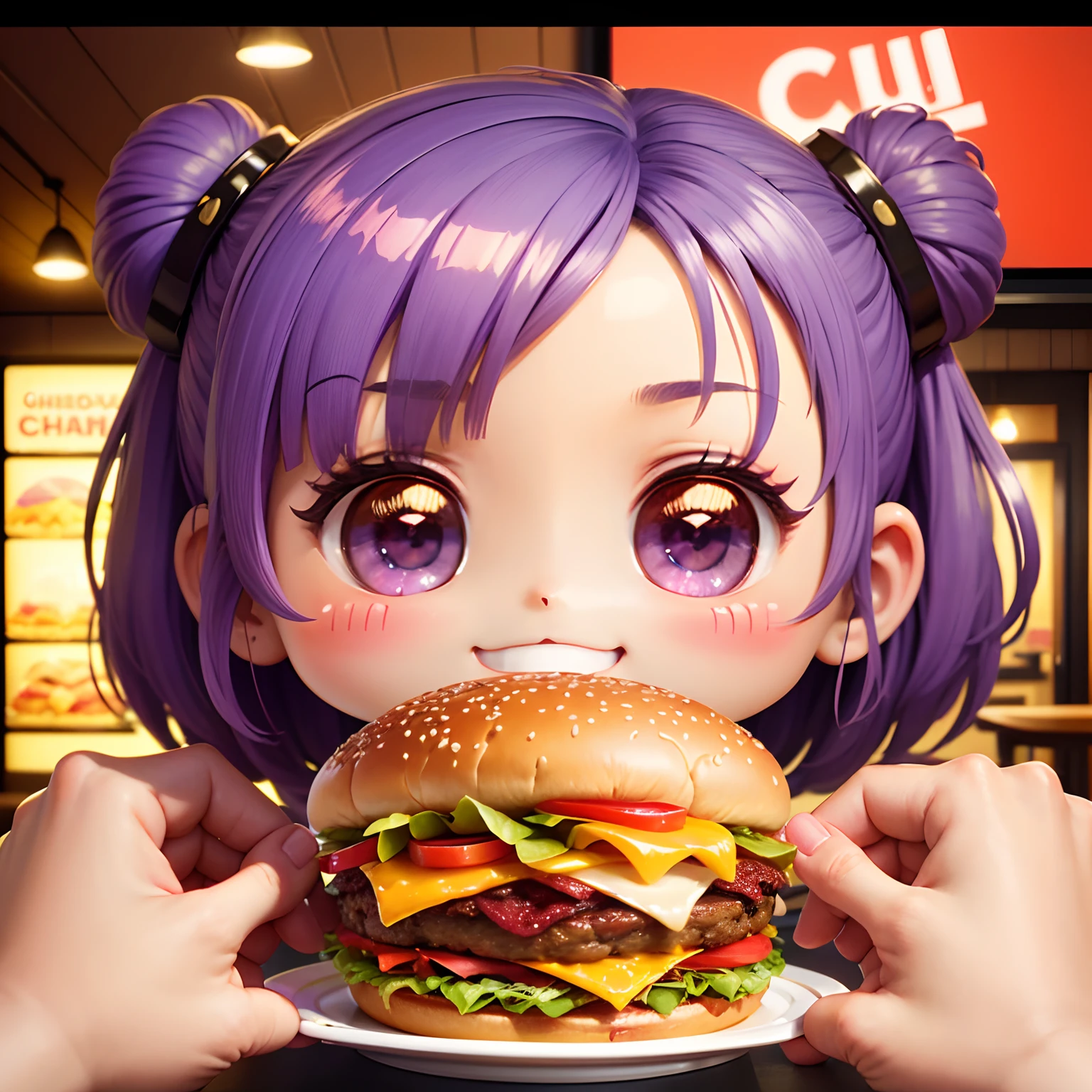 masterpiece、top-quality、ultra-detailliert、(Chibi Chara's Daughter:1.2)、Purple Bob、Double Cheese Bacon Big Burger🍔、Set Menu、Inside a fast food restaurant、eats、a smile