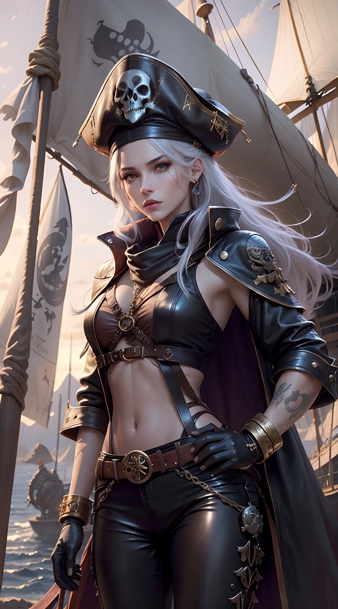 full body Esbian, of the highest quality, Intricate details , (Fine skin, Shiny skin, Shiny hair, pale complexion), Red sky, Golden Time, Sunset, Sail ships, Pirate Ship, ((Flag skull mark)), ambitious, Seductive Woman, Gray hair, Long hair, Hair fluttering in the wind, scar on cheeks, Detailed tattoos, leather clothes, sleeveless clothes, leather coat, Leather gloves, Solid Gold Bracelet, leather pant, Red pants, Pirate Hat , Hat with skull marker, (Leather Belt), Look far away