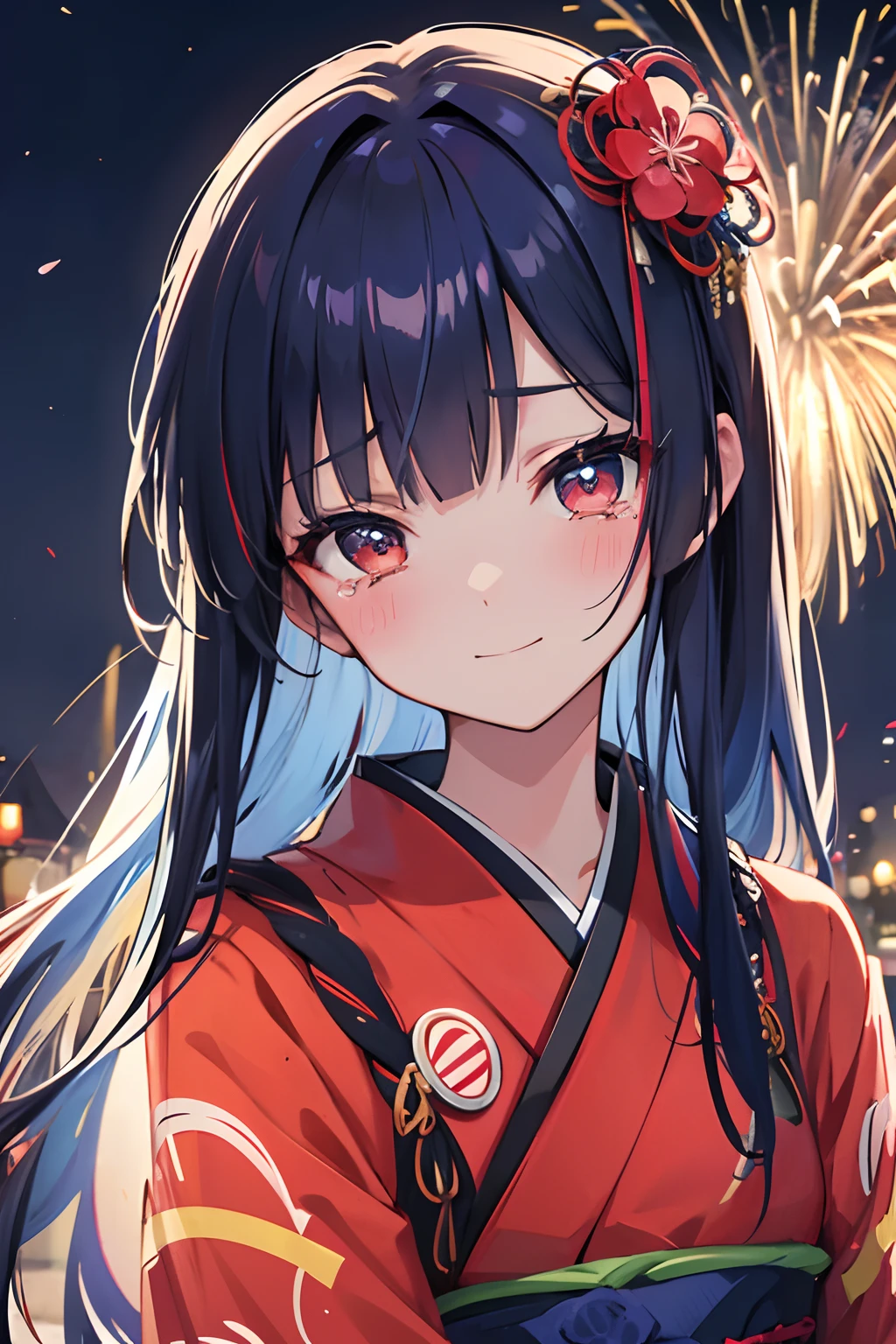 girl, kimono oufit, shrine scene, night time, fireworks, dark blue hair, colored inner hair, hair behind ear, bangs, long hair, shiny hair, hair ornament, happy tears, orange eyes, smile, blush, high detail, anime, anime style, cinematic lighting, reflection light, backlighting, silhouette, pov, multiple views, Eye-Level Shot, masterpiece, best quality, textured skin