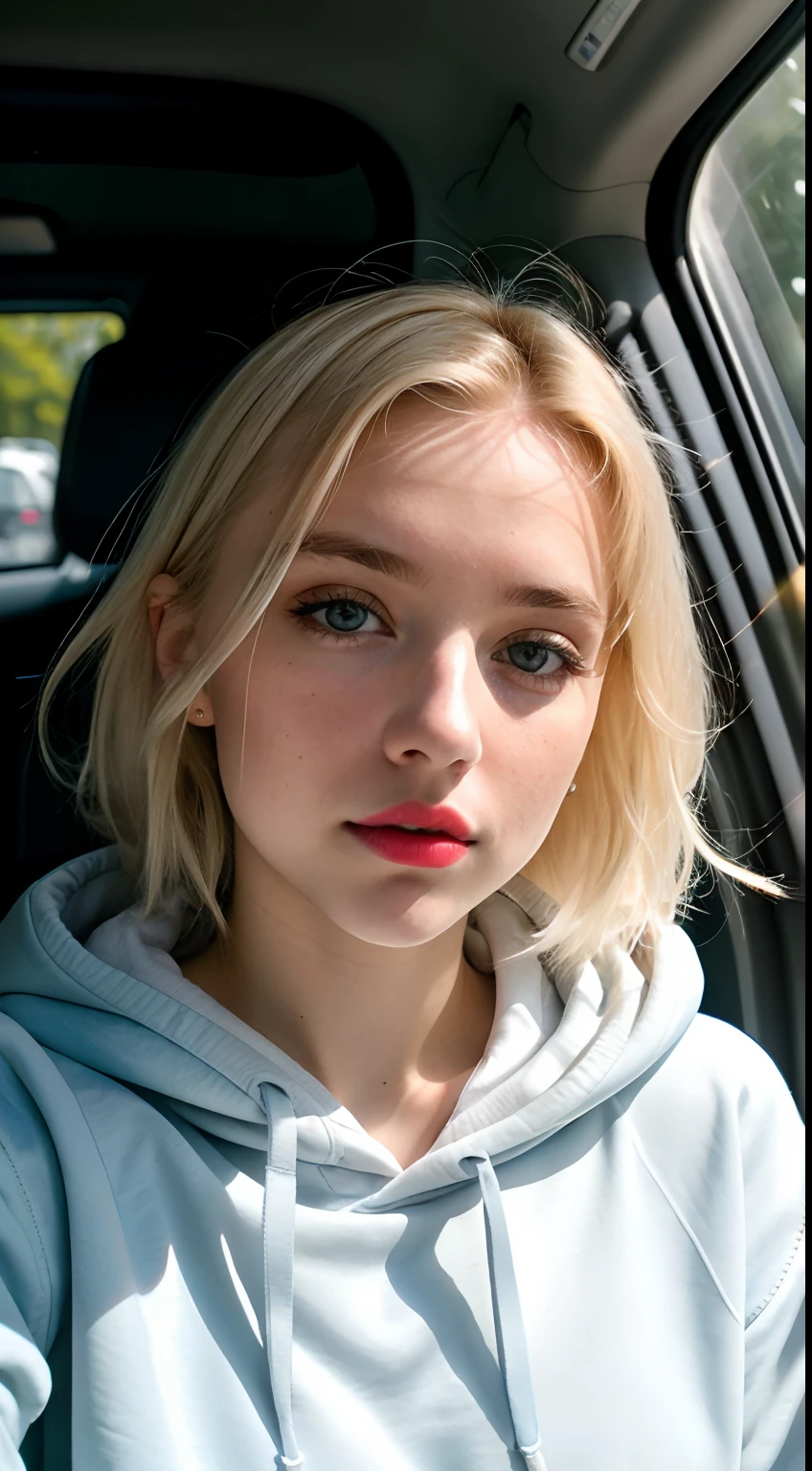 RAW photo, a 22-year-old blonde girl, upper body, selfie in a car, blue hoodie, inside a car, driving, lipstick, soft lighting, high quality, highres, sharp focus, extremely detailed, (sunlight on face), beautiful detailed eyes, masterpiece, cinematic lighting, dslr, Fujifilm XT3, (((film grain)))