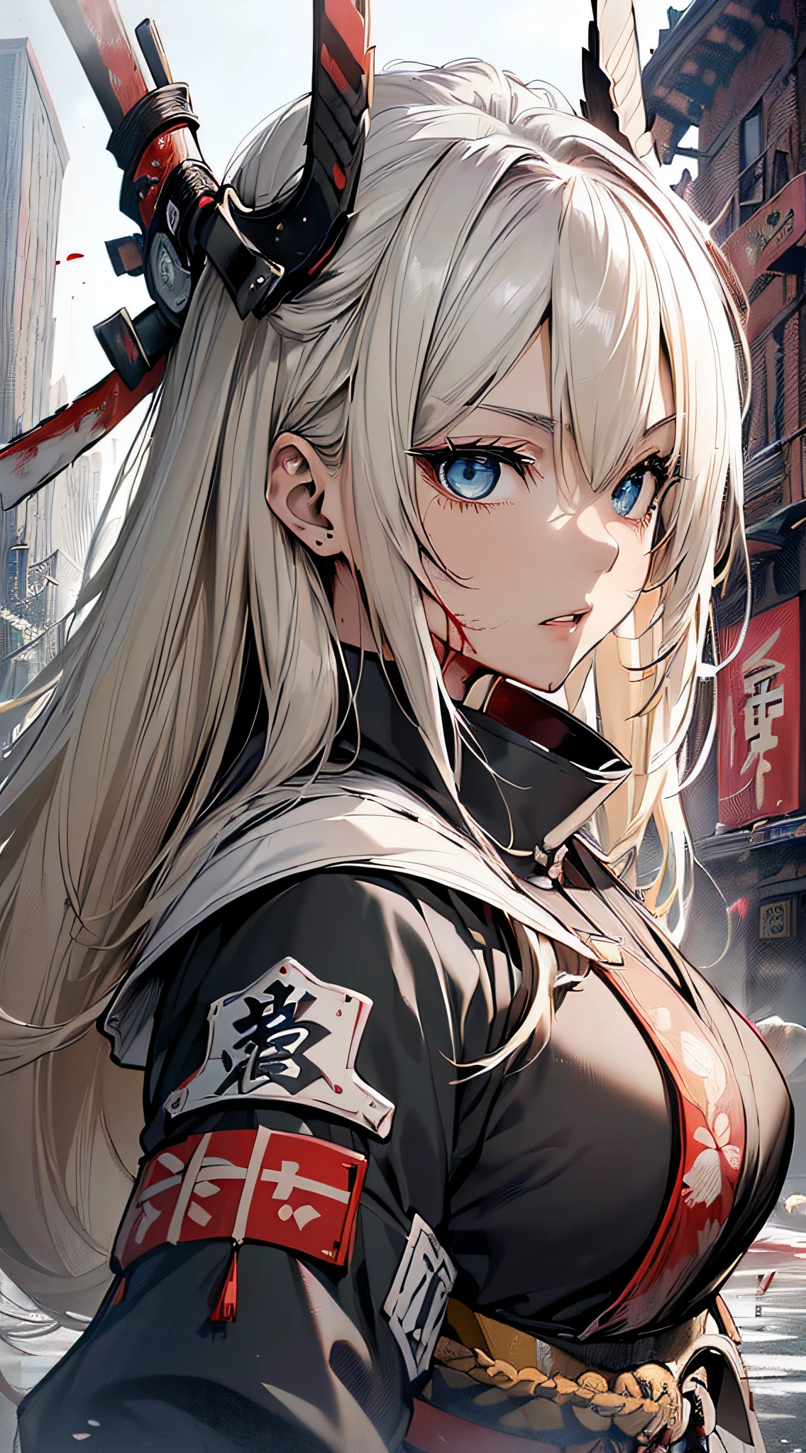 top-quality、Top image quality、masterpiece、girl with((cute little、18year old、Best Bust、Medium bust、Bust 85,Beautiful blue eyes、Breasts wide open,Blonde long hair、A slender、Black Samurai Costume、Murderous face,Holding a Japan sword with both hands、Fluttering hair、black and white color scheme、fighting poses、systemic return blood、Reflecting the whole body))hiquality、Beautiful Art、Background with((Black and white world、New York City、The screen is covered in blood、Samurai Corps)),masutepiece、Elaborate design、visualart、depth of fields、The best lighting、highestdetailed、8k,、Art of Kurosawa World