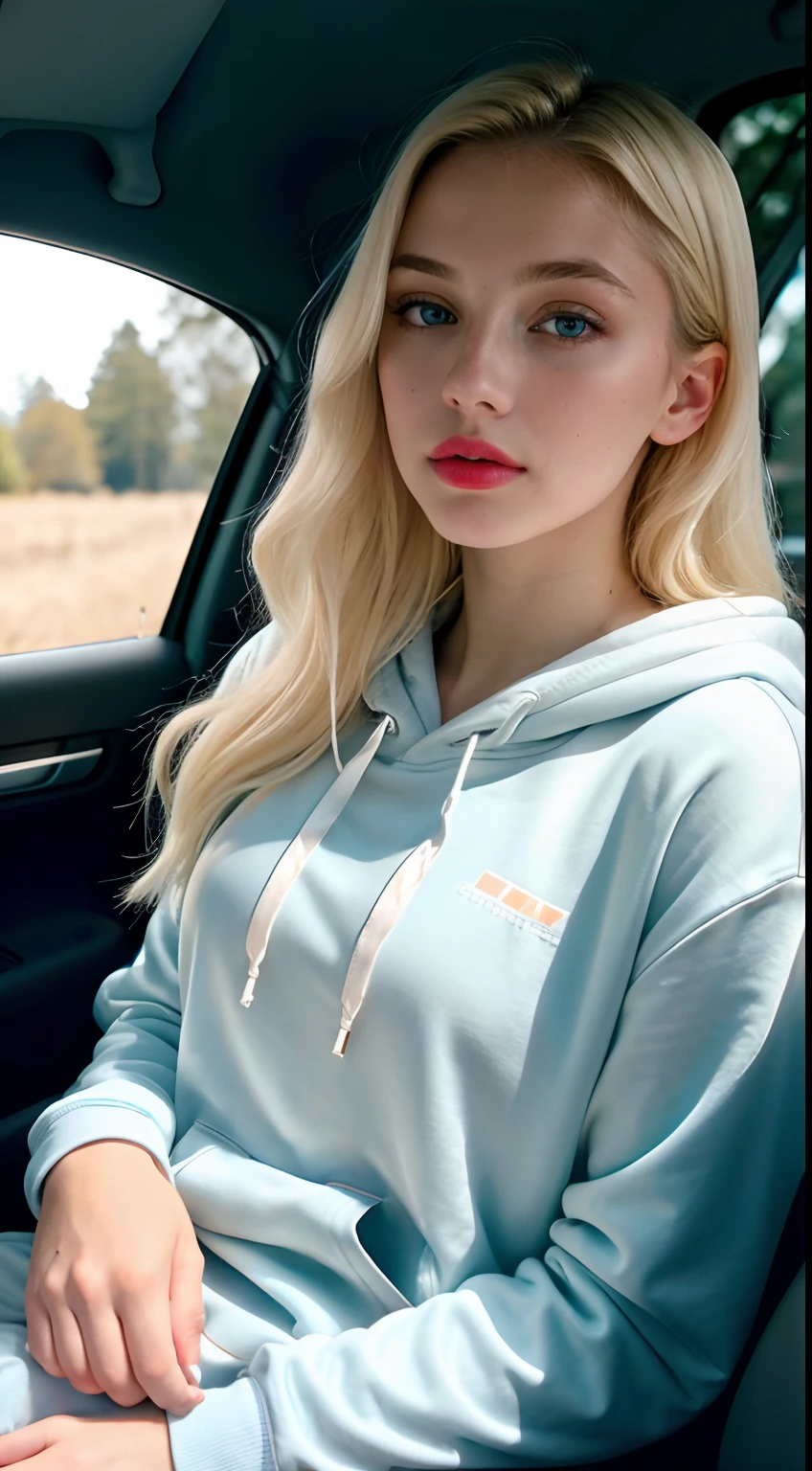 RAW photo, a 22-year-old blonde girl, upper body, selfie in a car, blue hoodie, inside a car, driving, lipstick, soft lighting, high quality, highres, sharp focus, extremely detailed, (sunlight on face), beautiful detailed eyes, masterpiece, cinematic lighting, dslr, Fujifilm XT3, (((film grain)))