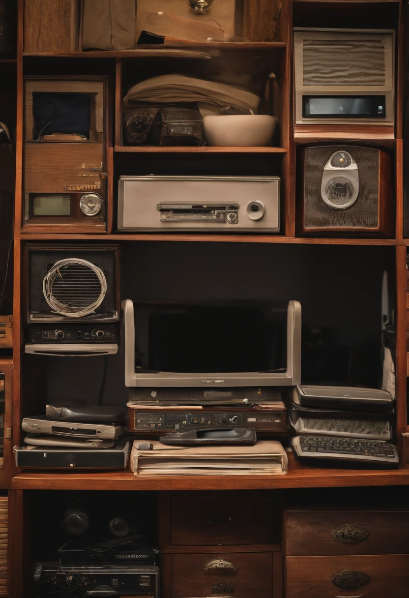 Image of a table with unused electronics. Com computadores, celulares, televisores, telas de computador, nootbooks, pilhas. Imagem pode conter esses objetos um em cima do outro, Giving a sense of chaos