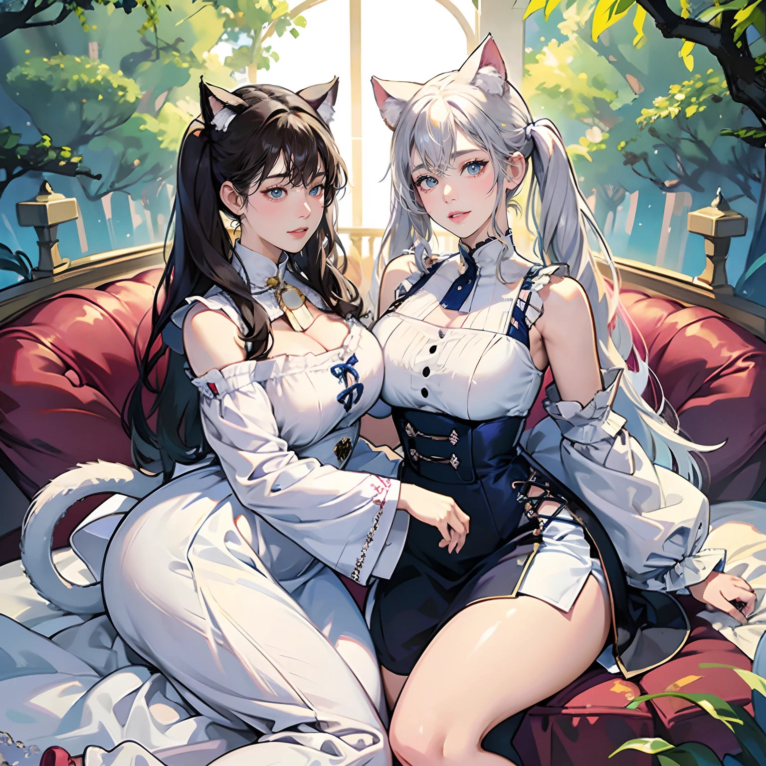 Girl(human face) with white furry ears and tiger stripe tattoo all over her body, above ankle length white tiger fur shoes, white tiger fur gloves, cat eyes, gorgeous, mischievous smile