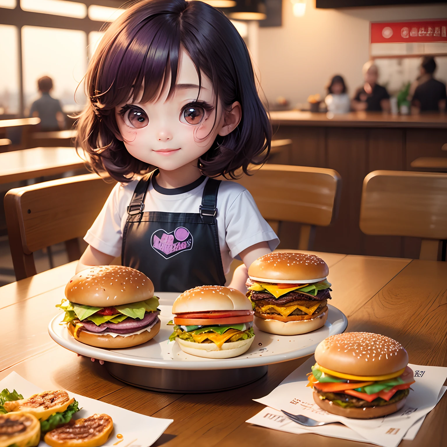 arafed girl holding a hamburger in front of a shelf of hamburgers, super realistic food picture, realistic anime 3 d style, eating burgers, realistic anime artstyle, realistic art style, anime food, girl in real life, realistic, serving burgers, realistic young girl, eating a burger, photorealistic girl ,