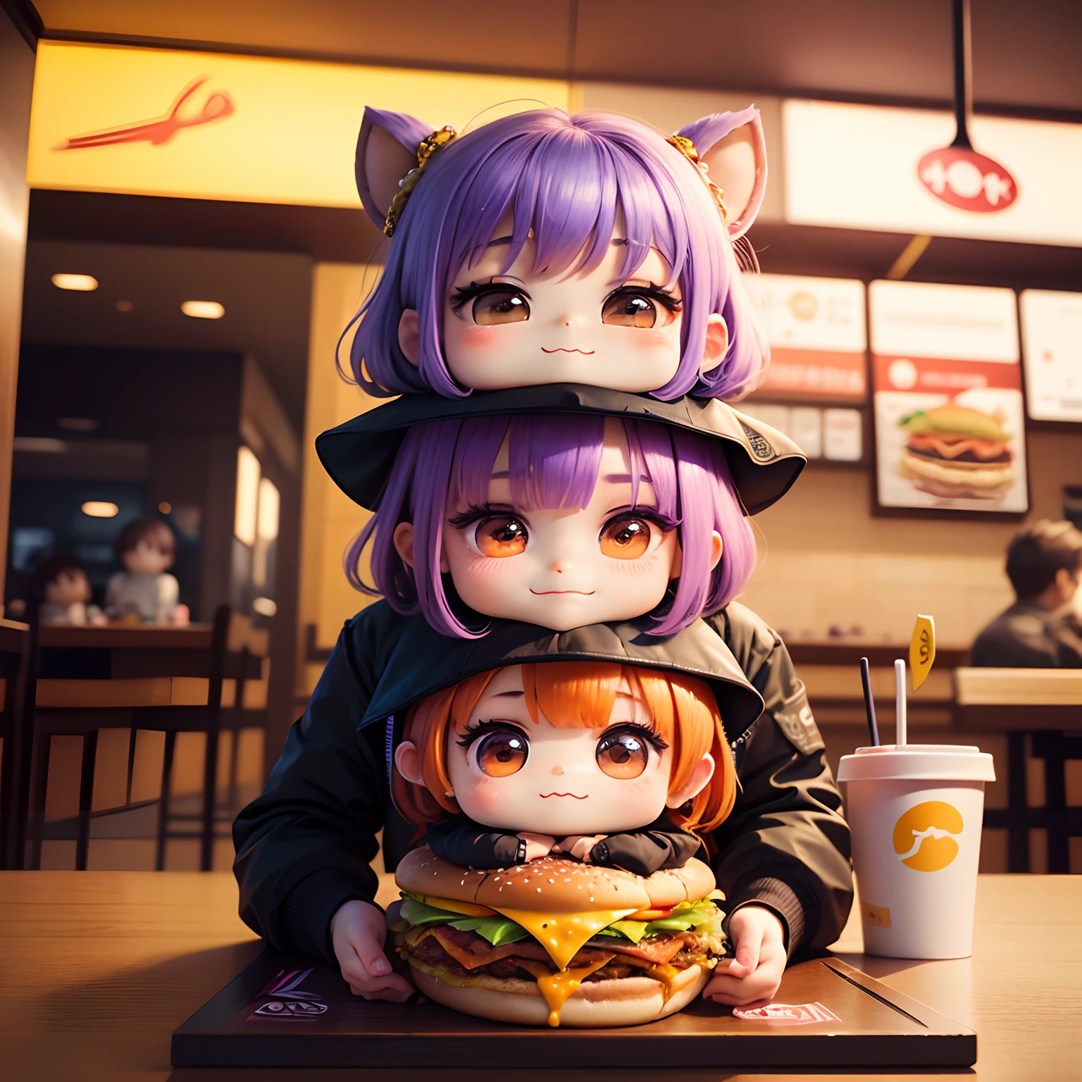 masterpiece、top-quality、ultra-detailliert、(Chibi Chara's Daughter:1.3)、Purple Bob、Double Cheese Bacon Big Burger🍔、Set Menu、Inside a fast food restaurant、eats、A smile
