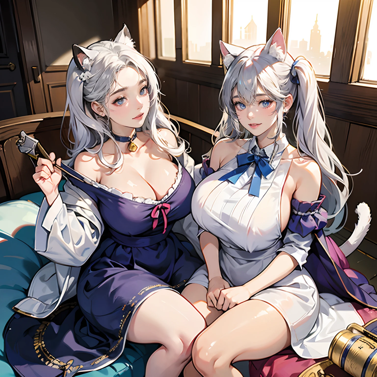 Women in Their 20s、2 females:2.0、offcial art, unity 8k wall paper, ultra-detailliert, beautifly、Aesthetic, ​masterpiece, top-quality, Photorealsitic、Cat-eared clan、Cat's ears、very thick tail:1.5、very thick and long tail、azure eyes、Silver-white hair、shorth hair、Pigtail hairstyle:1.8、Collar with bell:2.0、Blue Apron Dress、depth of fields, Fantastic atmosphere, Calm palette, tranquil mood, Soft shading、cobblestone road、Stone signpost、Rivers and bridges、Beautiful Landscapes、bbw、very large breast、plump figure、krystal、Cat's ears:1.8、Cat ears on the head、thick waist、thick thight、an legs