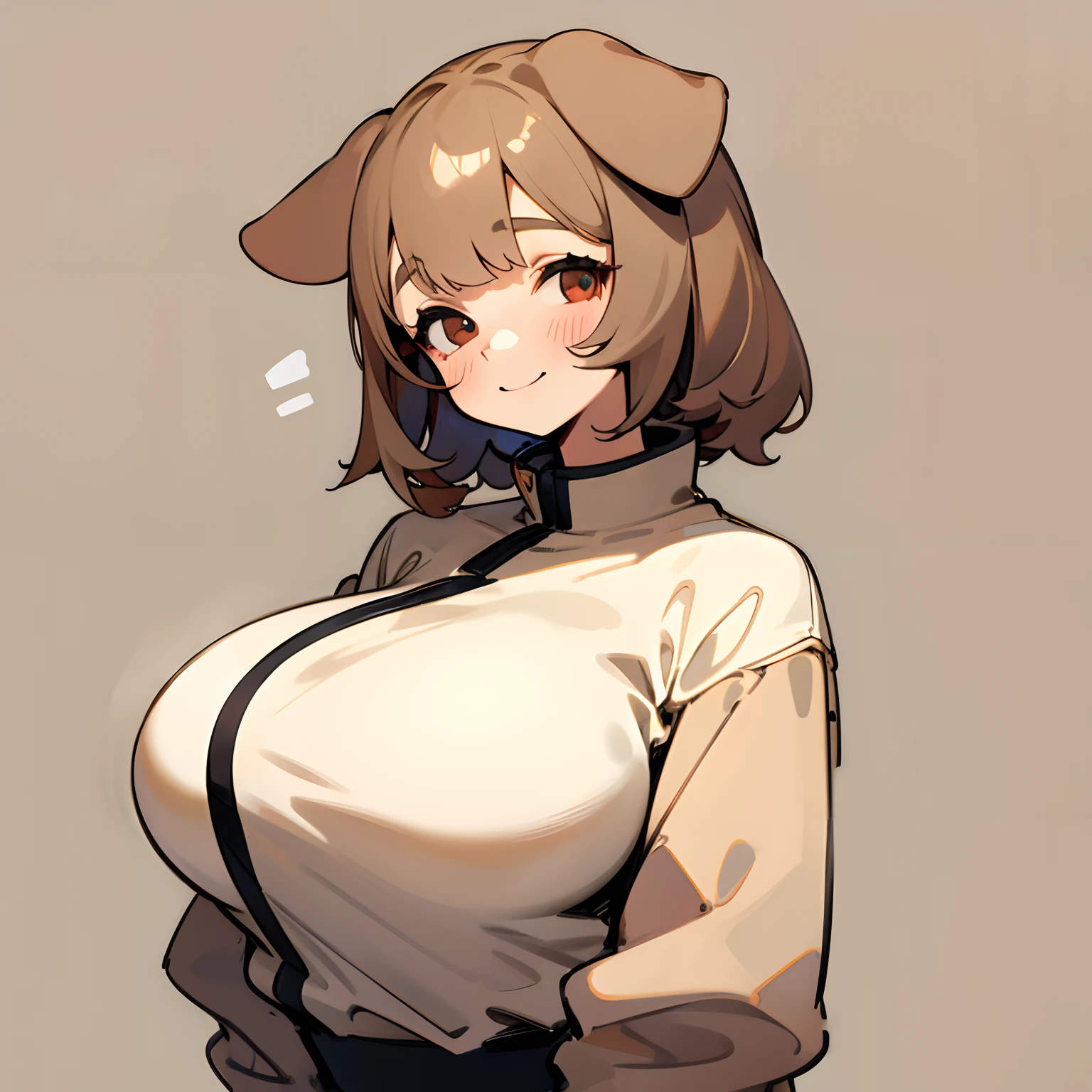 dog girl, brown, motherly, comfy background, casual clothing, beige clothing, 1girl, simple flat background, bust, static pose, huge breasts, warm smile, bbw