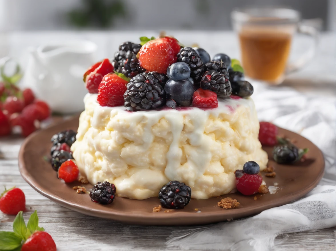 Cottage cheese casserole with condensed milk Casserole,Condensed milk on top,berries on top, hyper realisitc,Professional photo, 4k, hight resolution,Appetizing, hyper-detailing,Focus on the dish,food style, From the restaurant, 24MP, higly detailed