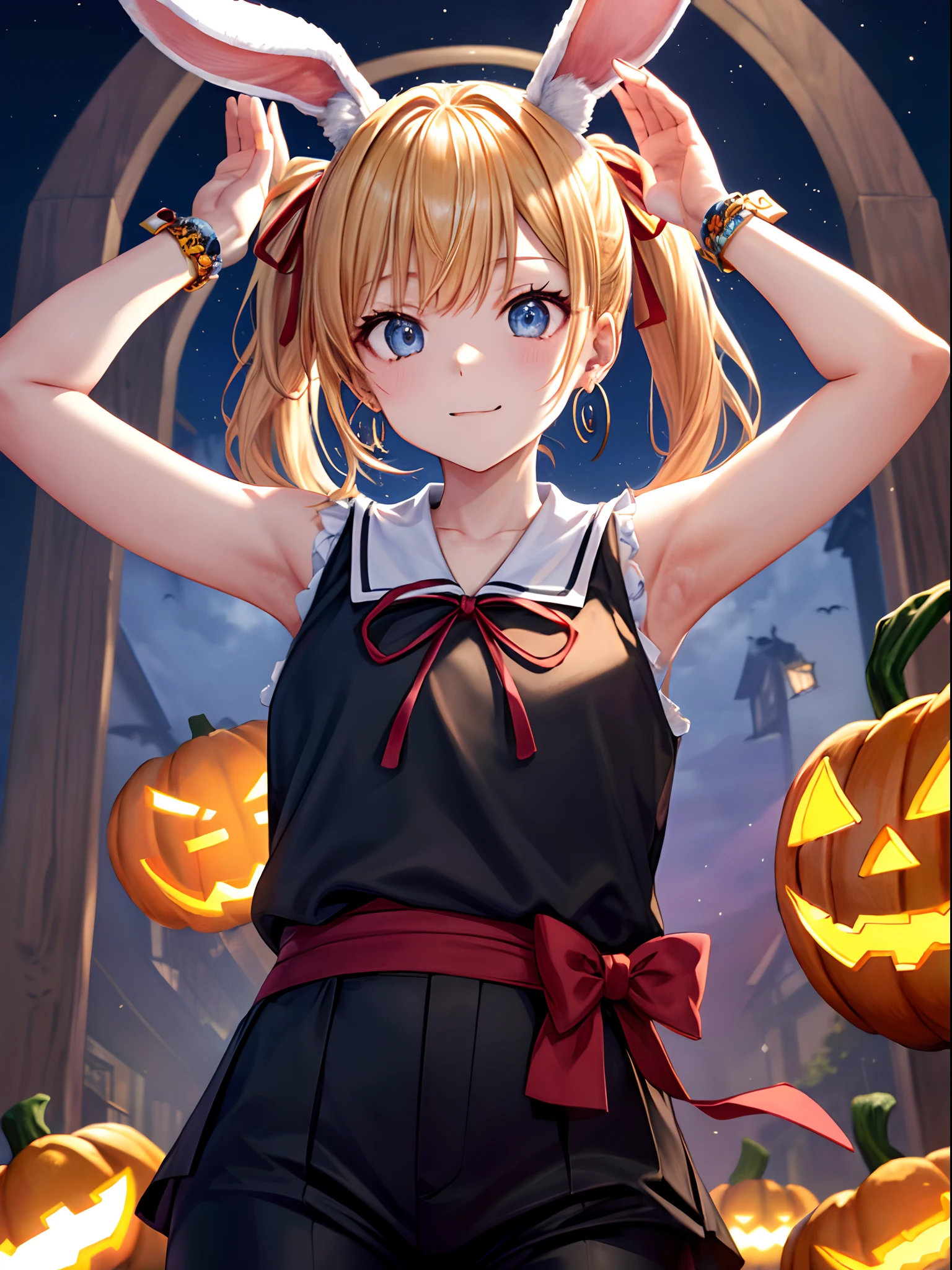 ((masutepiece, Best Quality:1.2)), Official art,  (Fractal Art:1.3), Solo、((Japan schoolgirl wearing uniform、Sleeveless、a blond、long、double ponytails、Black pants、Rabbit ears、Red ribbons))、Twinkle,(Anime, tone mapped:1.2),Light blue eyes,a closed mouth、 ((With a bright look like an idol))、hoop earrings, Jewelry, Looking at Viewer, Upper body, (symmetric), (exceptional, Best aesthetic, new, newest, Extremely detailed:1.2),、(Rabbits ride on shoulders)、The background is Halloween Town at night、rabbit pose,Arms up、jack-o-lanterns