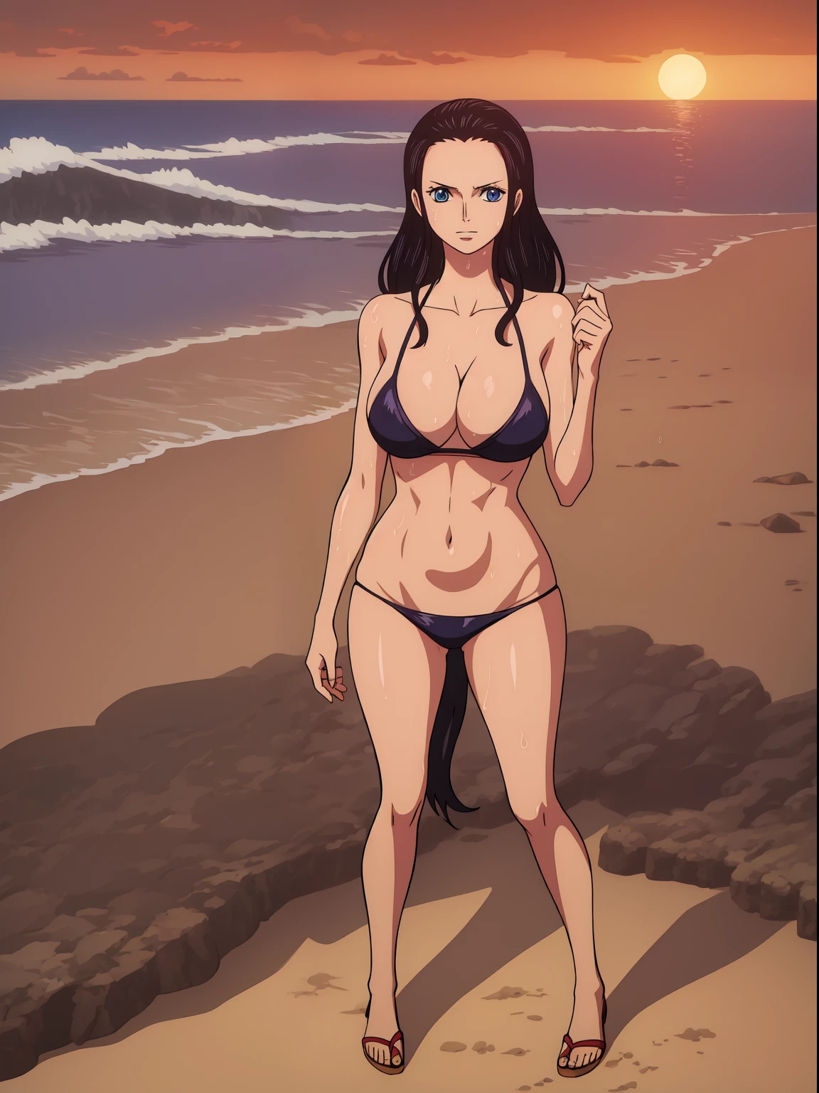 Nico Robin from one piece, black long hair, blue eyes, dark wide pupils, blushing, big breasts, wearing thong bikini, standing in the beach, sunrise, shiny skin, wet body, abs, muscle, six pack,