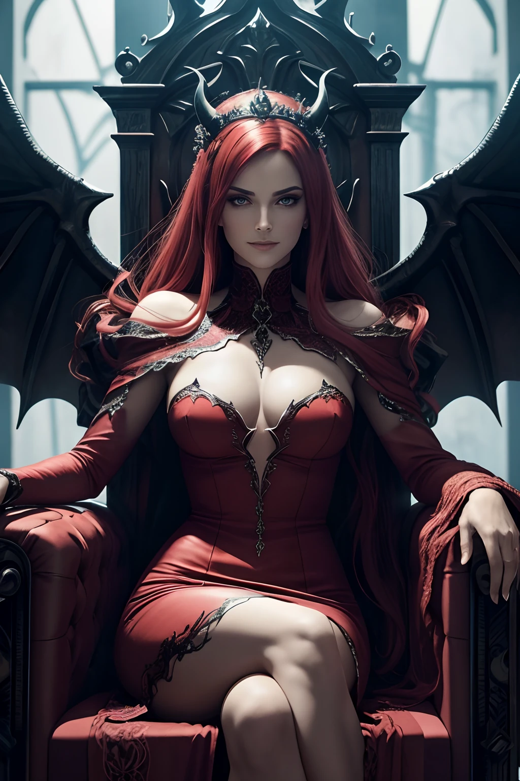 Ultra detailed red body like Satan on the Throne of Hell, ela-diabo, Vestido preto e vermelho sexy, demon wings, demon horn, olhos realistas detalhados, Context of the chaos of hell and destruction, Evil Queen, staring directly at camera, Smiling with satisfaction, unhas pretas compridas, Shaded illustration of a high quality cell in hell, Corpo inteiro, dynamic installation, anatomia perfeita, Centrado, liberdade, alma, Approach to perfection, cell-shading, 8k , cinematic dramatic atmosphere, pintura em aquarela, global ilumination, ambiente detalhado e intrincado, art-station, Arte conceitual, smooth and sharp focus, volumeric lighting, Kinematic lighting