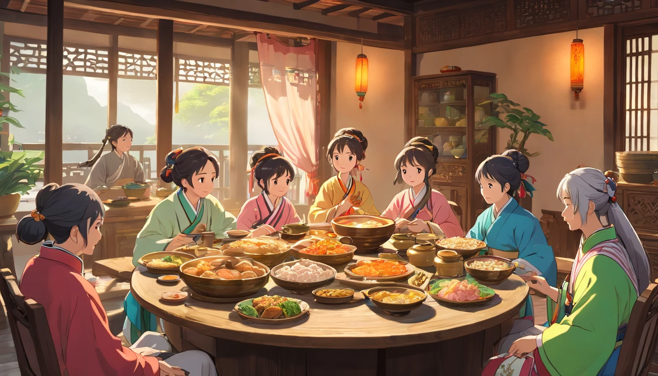 广西壮族 people sitting around a round table for breakfast, with a table full of delicious Zhuang cuisine, including eggs, colorful glutinous rice cakes, zongzi, and chicken meat. The sunlight shines through the curtains onto the table, illuminating the smiles on the faces of the family. (best quality,4k,8k,highres,masterpiece:1.2),ultra-detailed,(realistic,photorealistic,photo-realistic:1.37), authentic Zhuang culture, traditional Zhuang costumes, large breakfast feast, vibrant colors, exquisite food presentation, joyful atmosphere, warm family bonding, soft natural lighting.