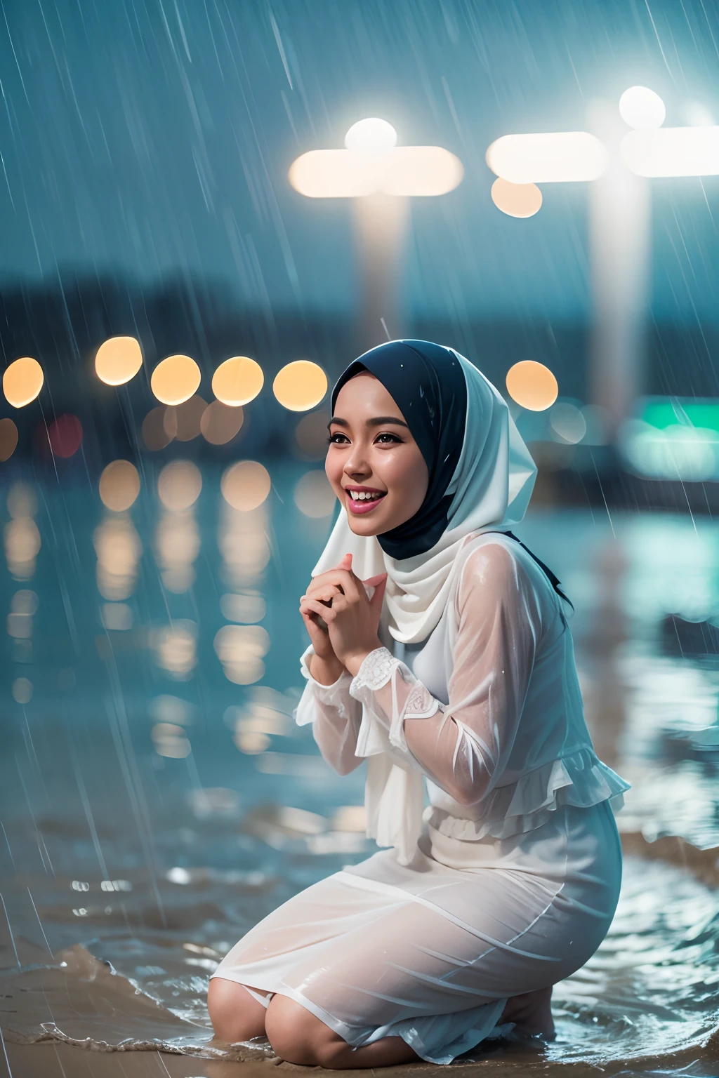 Portrait photography of a beautiful young malay girl in hijab wearing very wet white peplum dress, kneeling in heavy rain, nighttime, crowded beach background, bright lighting, smile and happy gesture, close up, small abs, small waist, wide hips, thick thighs, petite, detail skin texture, 4k, high detail, ultra detail, raining,